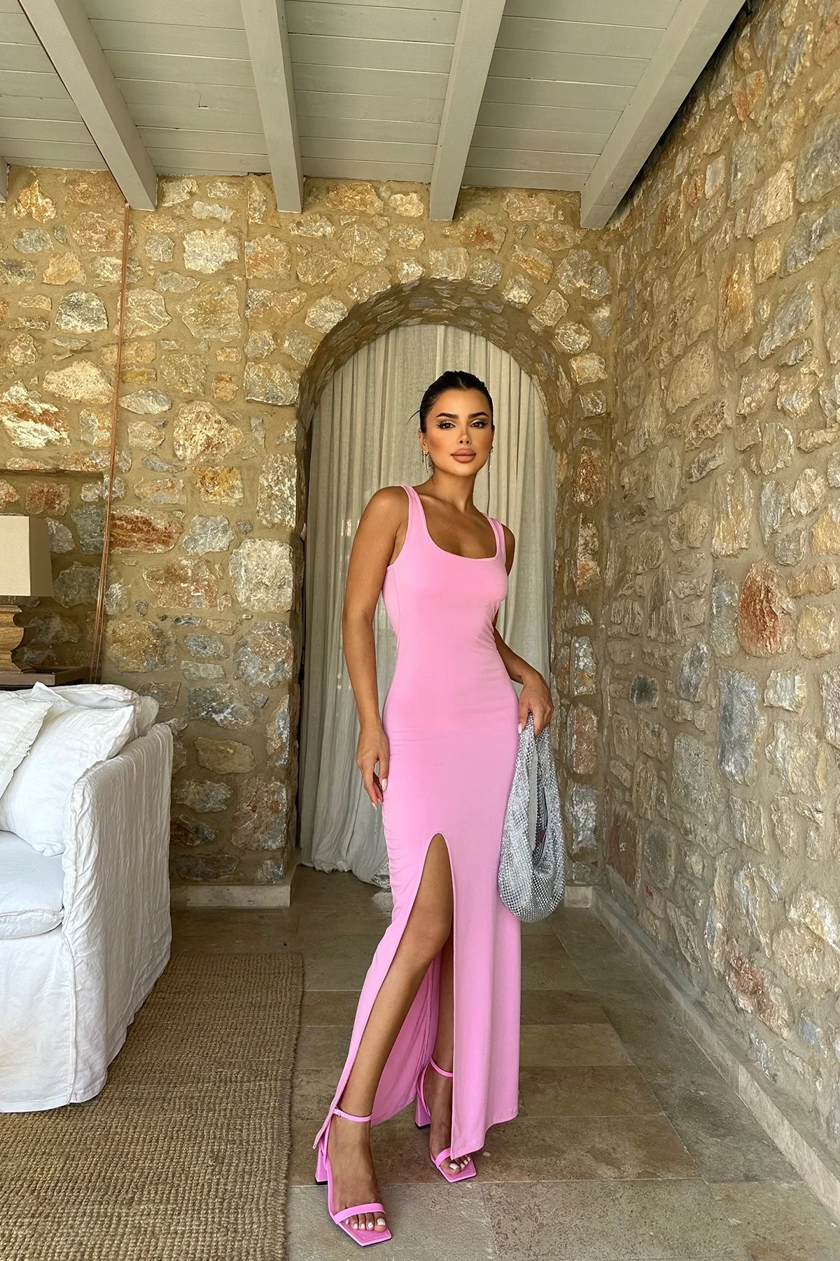 Picture of Pink Square Collar Slit dress