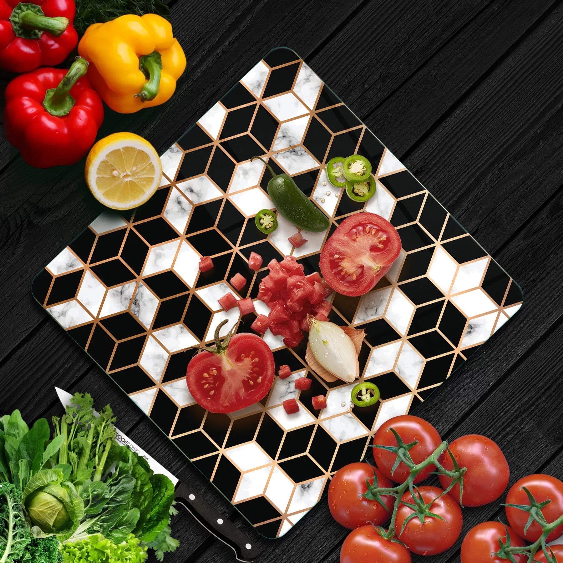 Picture of Decovetro Cam Kesme Tahtası ve Sunumluk Kare Geometrik Desenli 30x30 Cm