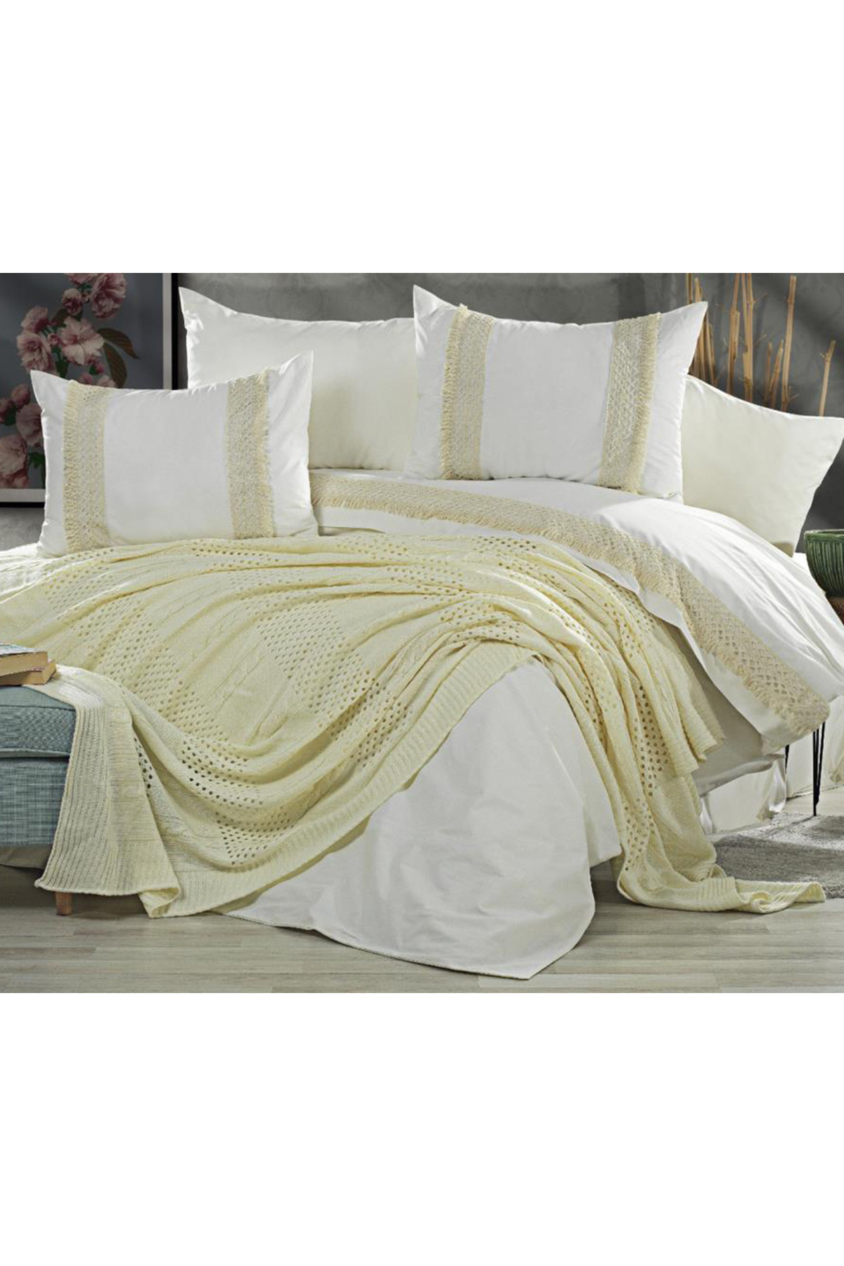 Picture of Çeyiz Diyarı Salsa Battaniyeli Nevresim Takımı Beyaz Limon