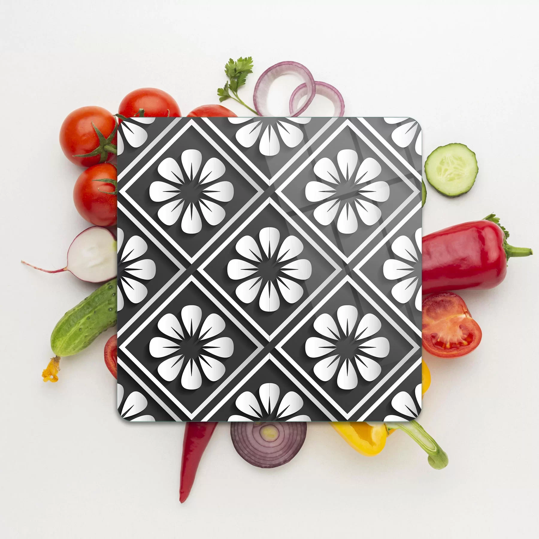 Picture of Decovetro Cam Kesme Tahtası ve Sunumluk Kare Çini Çiçek Desenli 30x30 Cm