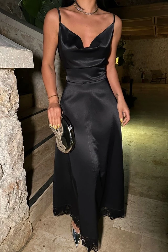 Picture of Black Giules Satin Long Dress with Lace Detail on the Hem