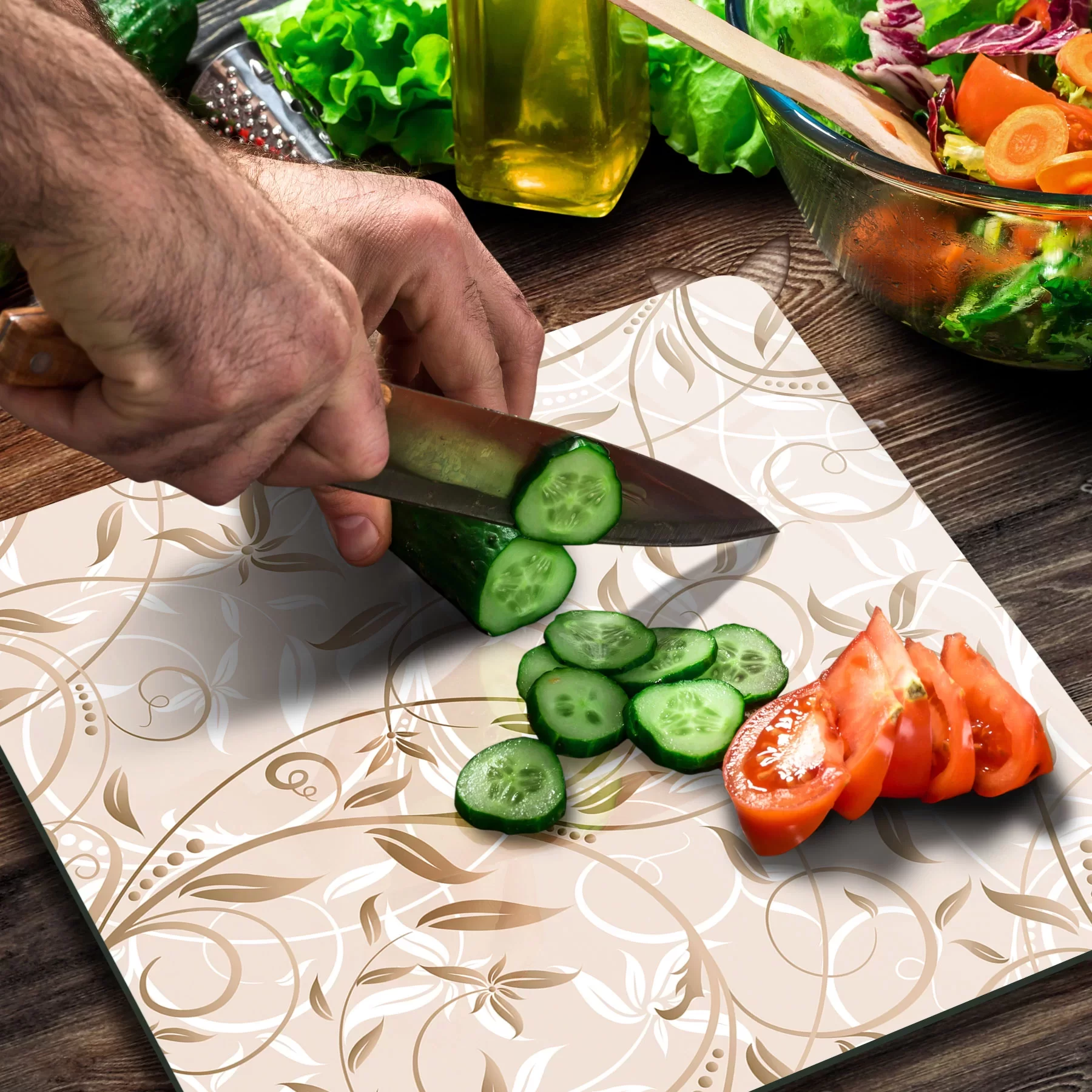 Picture of Decovetro Cam Kesme Tahtası ve Sunumluk Kare Kahverengi Sarmaşık Desenli 30x30 Cm