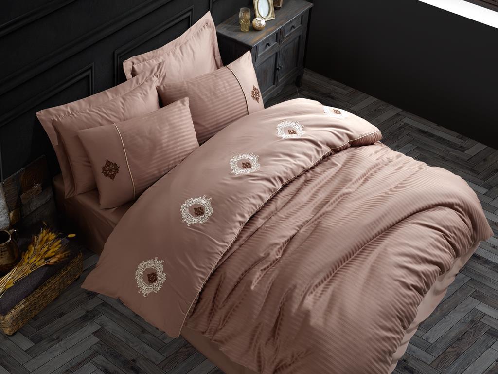 Picture of Elegant Nakışlı Pamuk Saten Çift Kişilik Nevresim Takımı Olimpos Sütlü Kahve