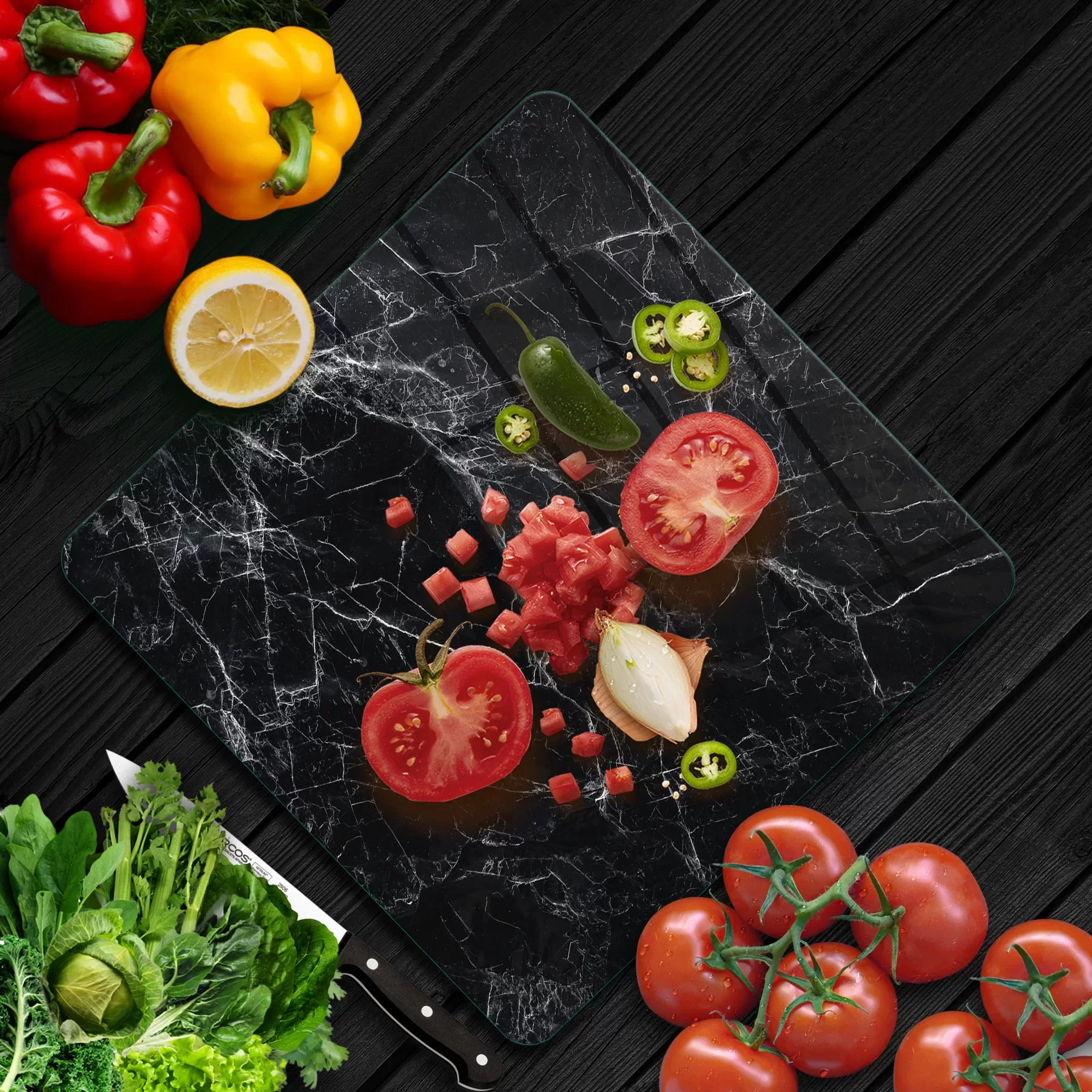 Picture of Decovetro Cam Kesme Tahtası ve Sunumluk Kare Siyah Beyaz Mermer Desenli 30x30 Cm