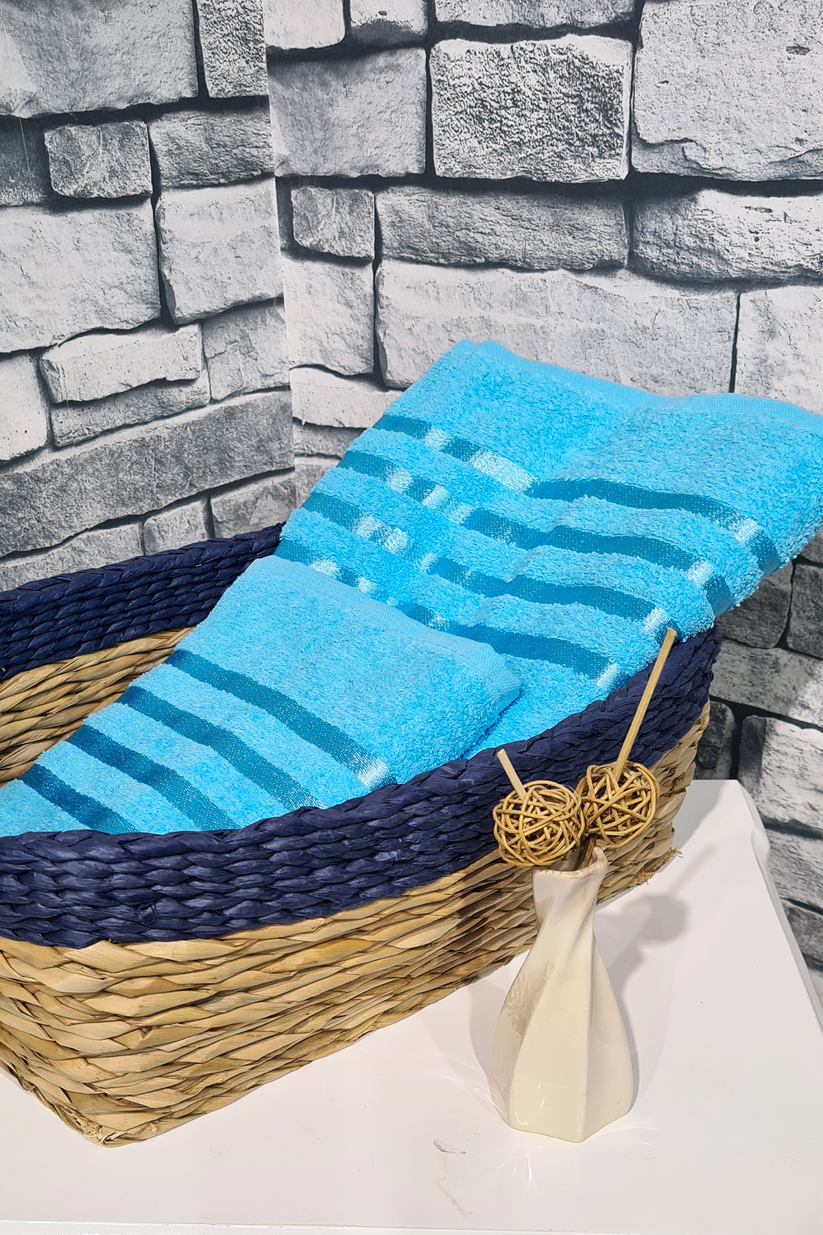 Picture of Plain %100 Pamuklu Jakarlı 2 Li Havlu Seti Turkuaz