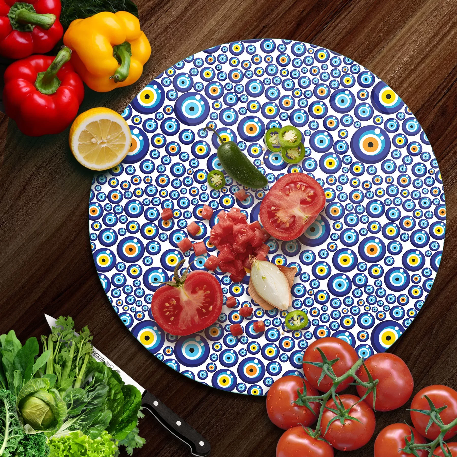 Picture of Decovetro Cam Kesme Tahtası ve Sunumluk Yuvarlak Nazar Boncuk Desenli 30x30 Cm