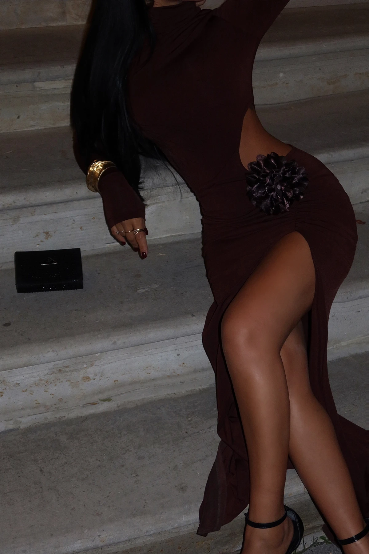 Picture of Brown Rose Detail Long Dress