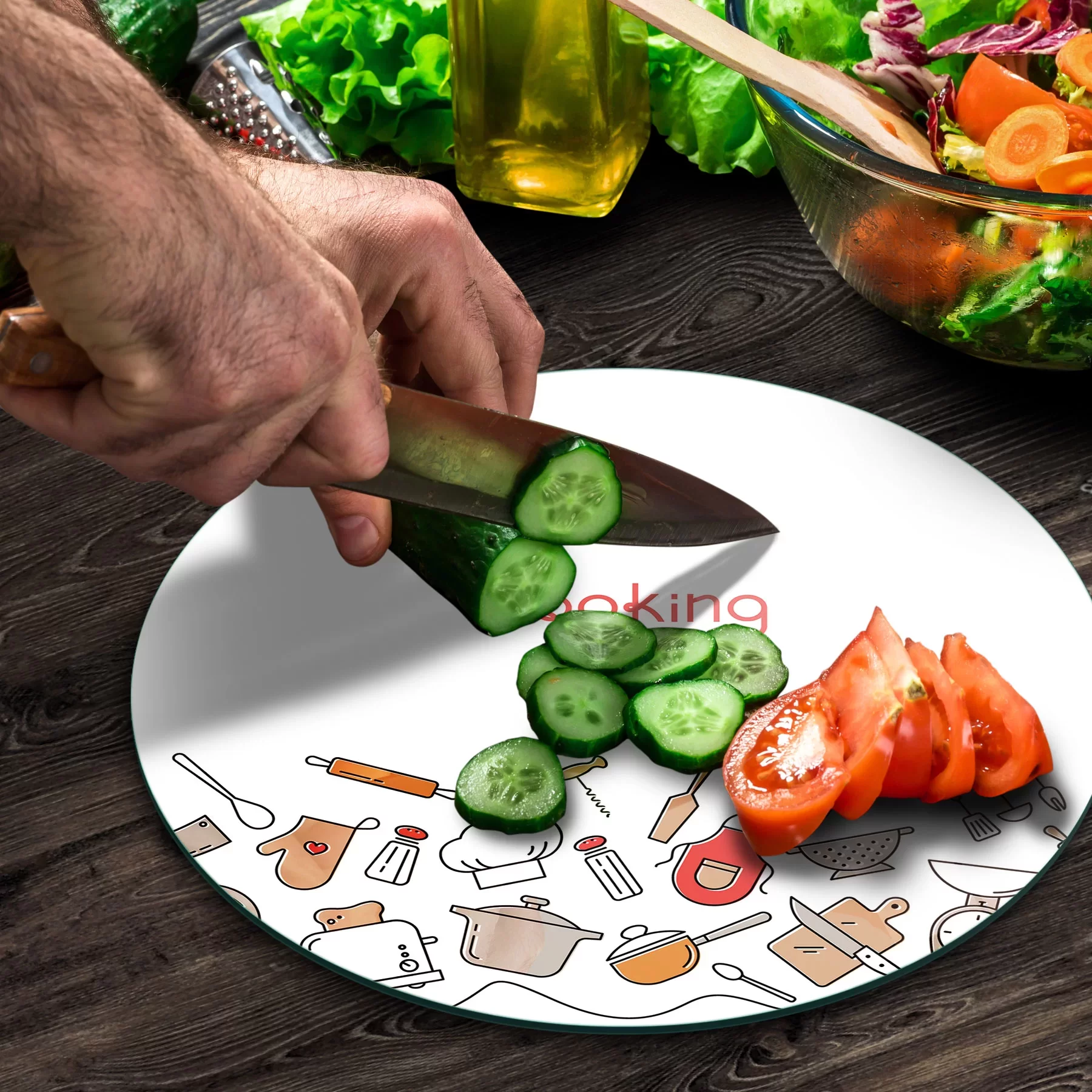 Picture of Decovetro Cam Kesme Tahtası ve Sunumluk Yuvarlak Cooking Love Desenli 30x30 Cm