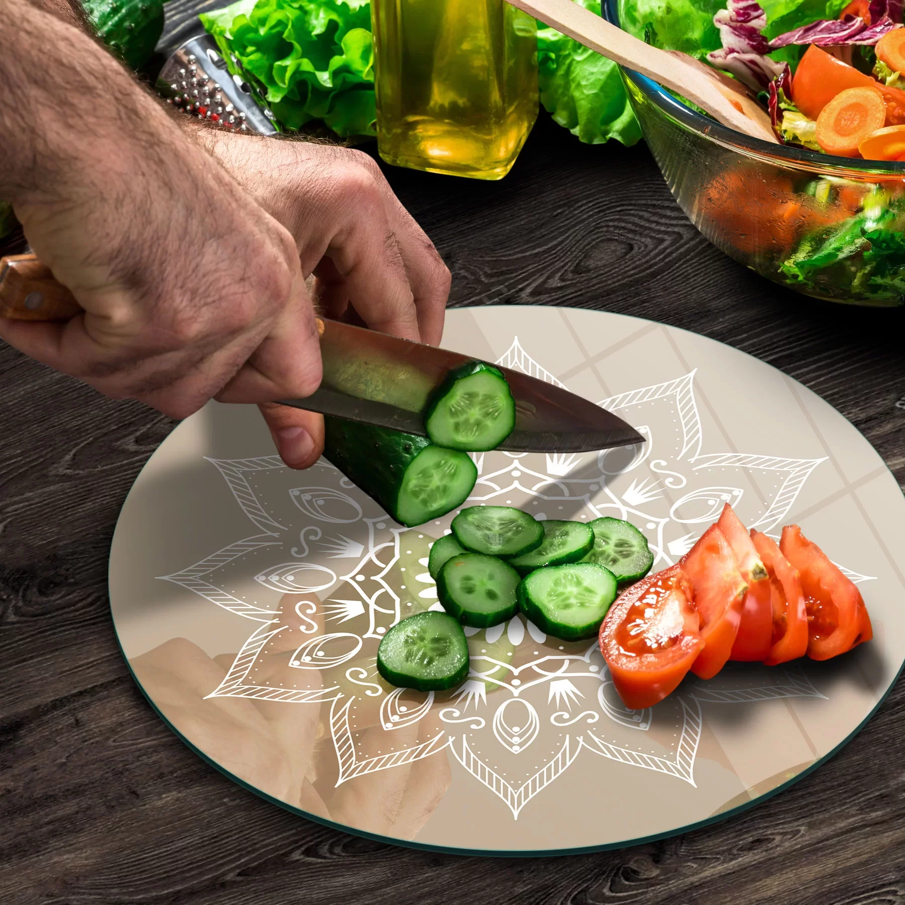 Picture of Decovetro Cam Kesme Tahtası ve Sunumluk Yuvarlak Mandala Desenli 30x30 Cm