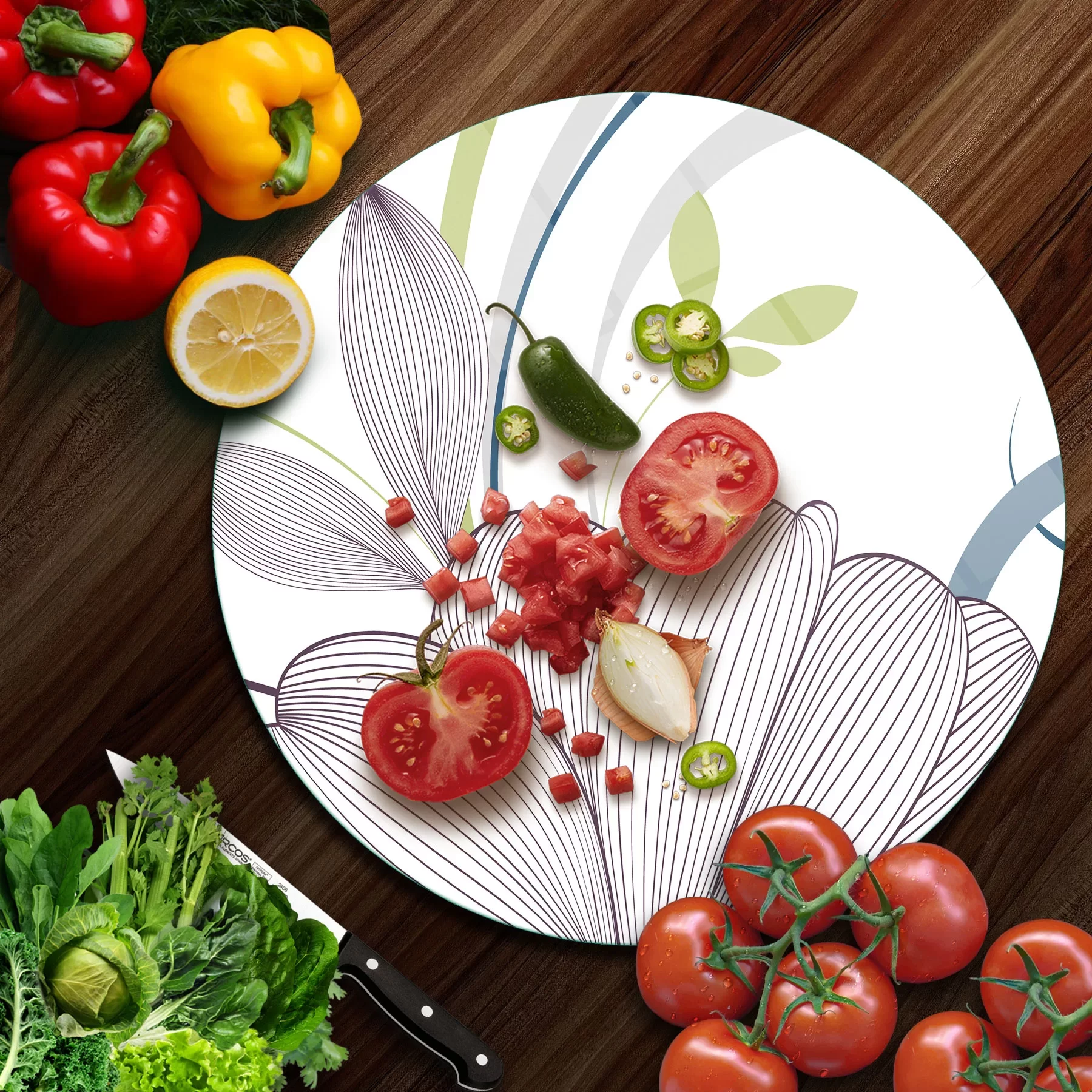 Picture of Decovetro Cam Kesme Tahtası ve Sunumluk Yuvarlak Çizgi Çiçek Desenli 30x30 Cm