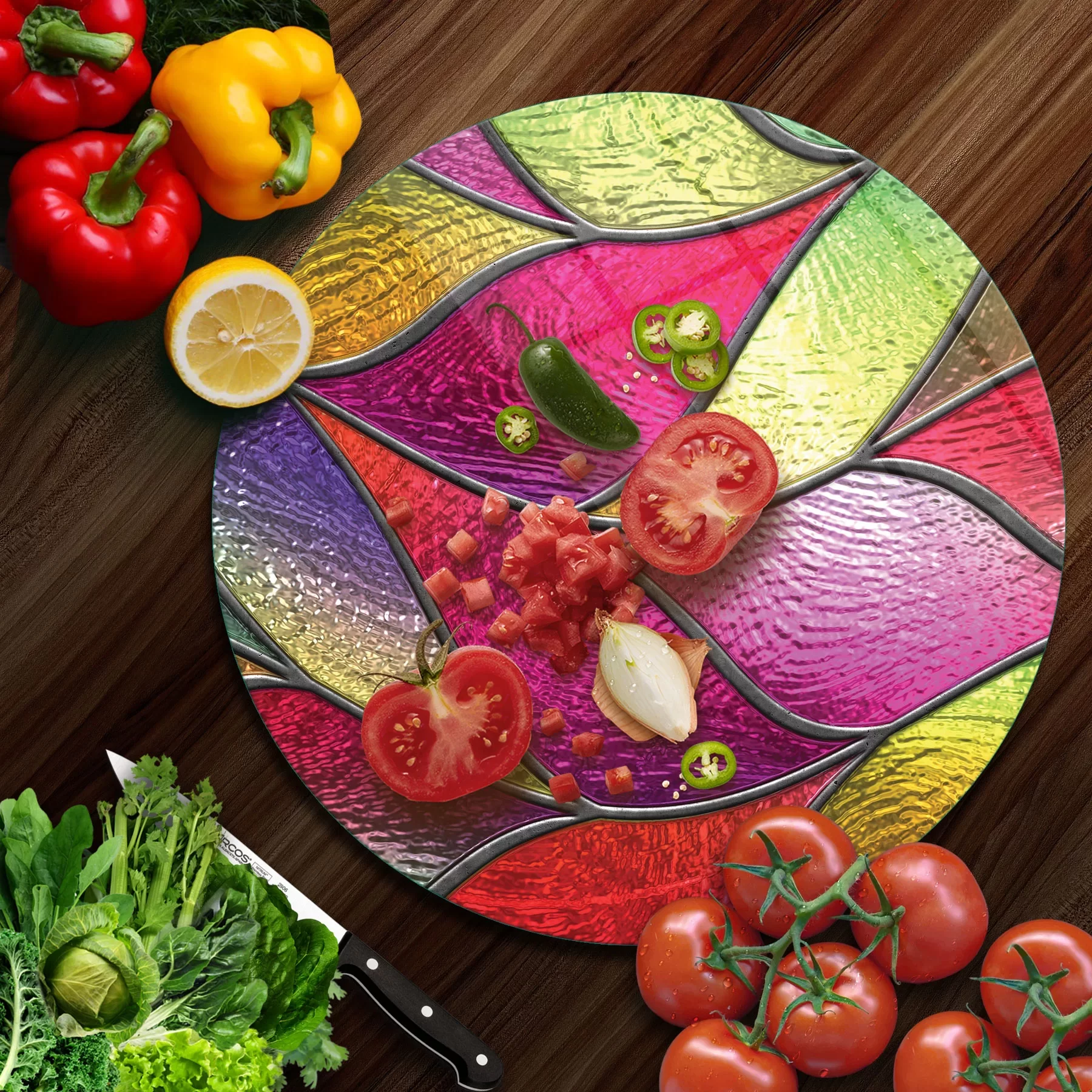 Picture of Decovetro Cam Kesme Tahtası ve Sunumluk Yuvarlak Vitray Desenli 30x30 Cm