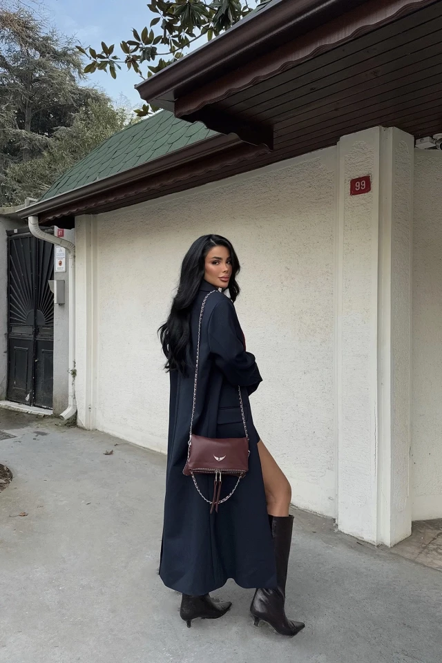 Picture of Navy Blue Button Front Pocket Detail Coat