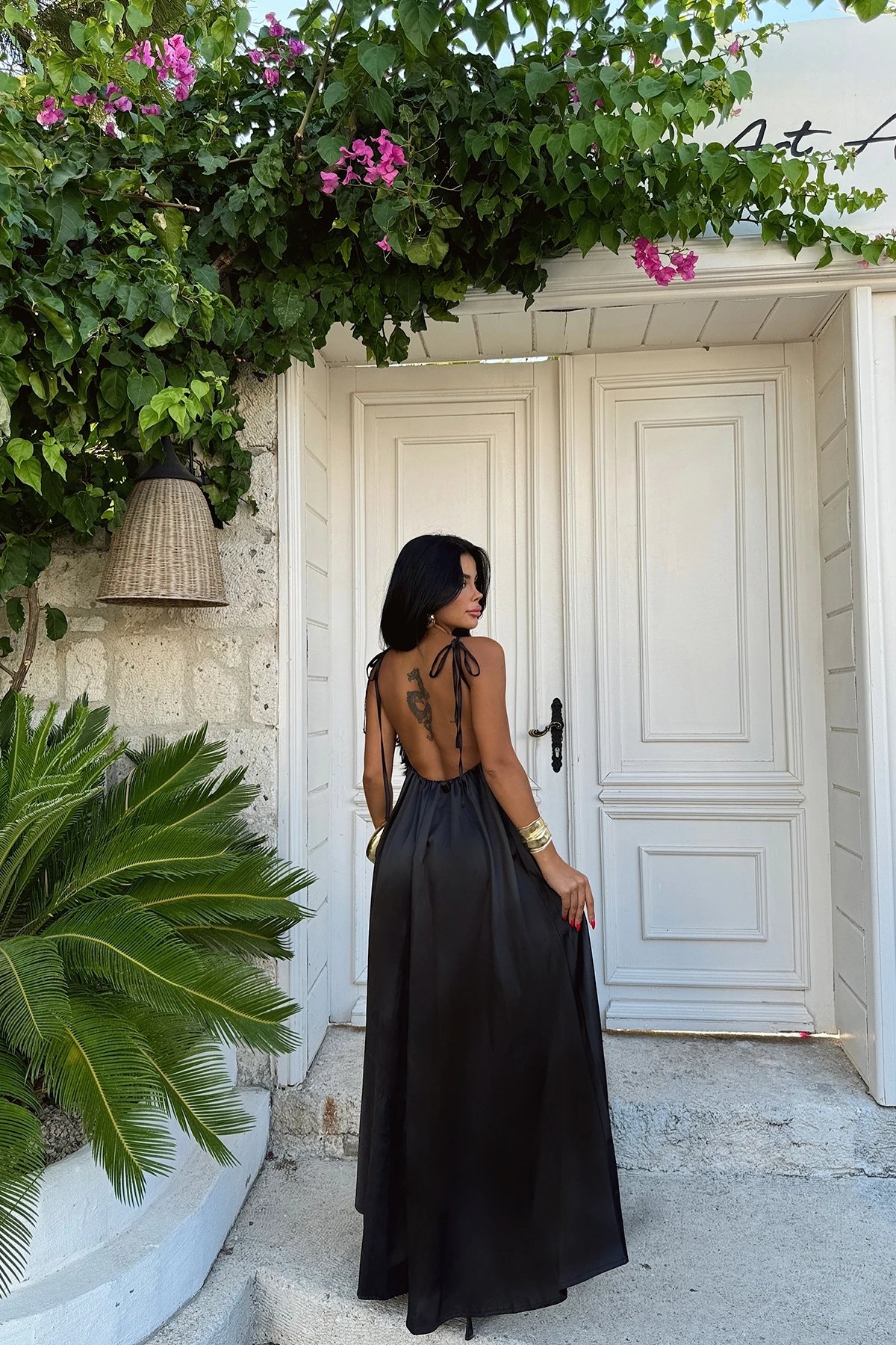 Picture of Black Satin Back Detail Long Dress