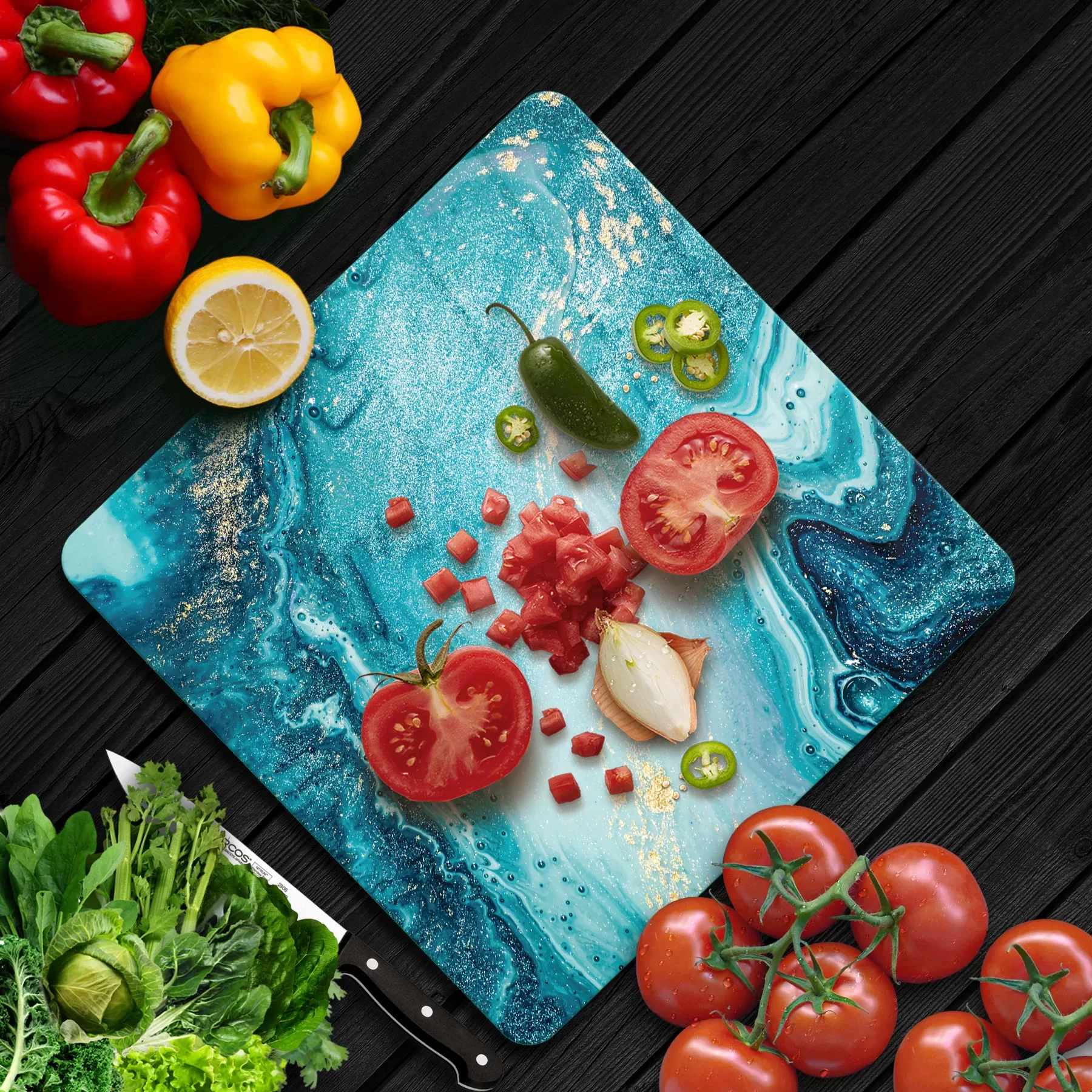 Picture of Decovetro Cam Kesme Tahtası ve Sunumluk Kare Mavi Mermer Desenli 30x30 Cm