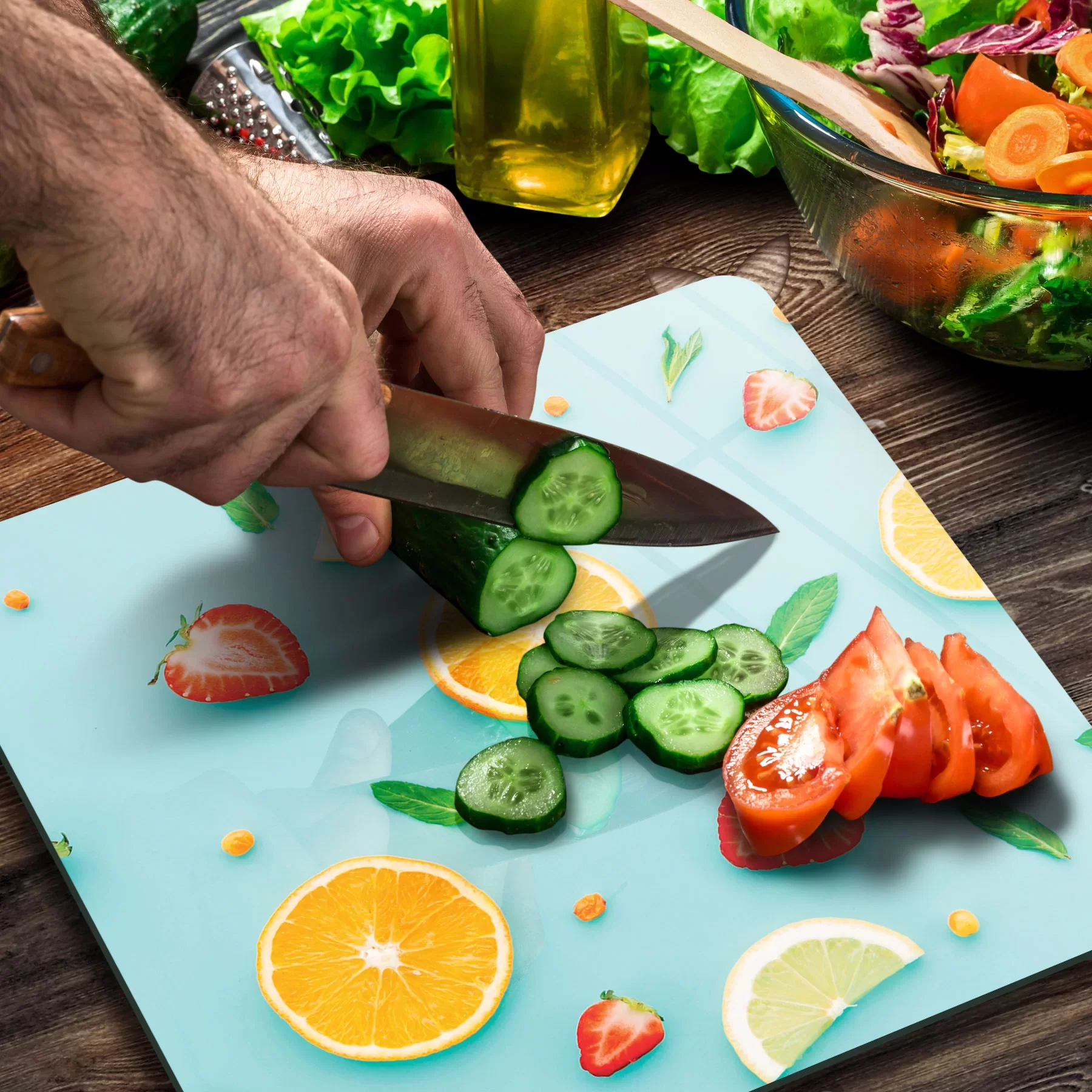 Picture of Decovetro Cam Kesme Tahtası ve Sunumluk Kare Meyve Görünümlü 30x30 Cm