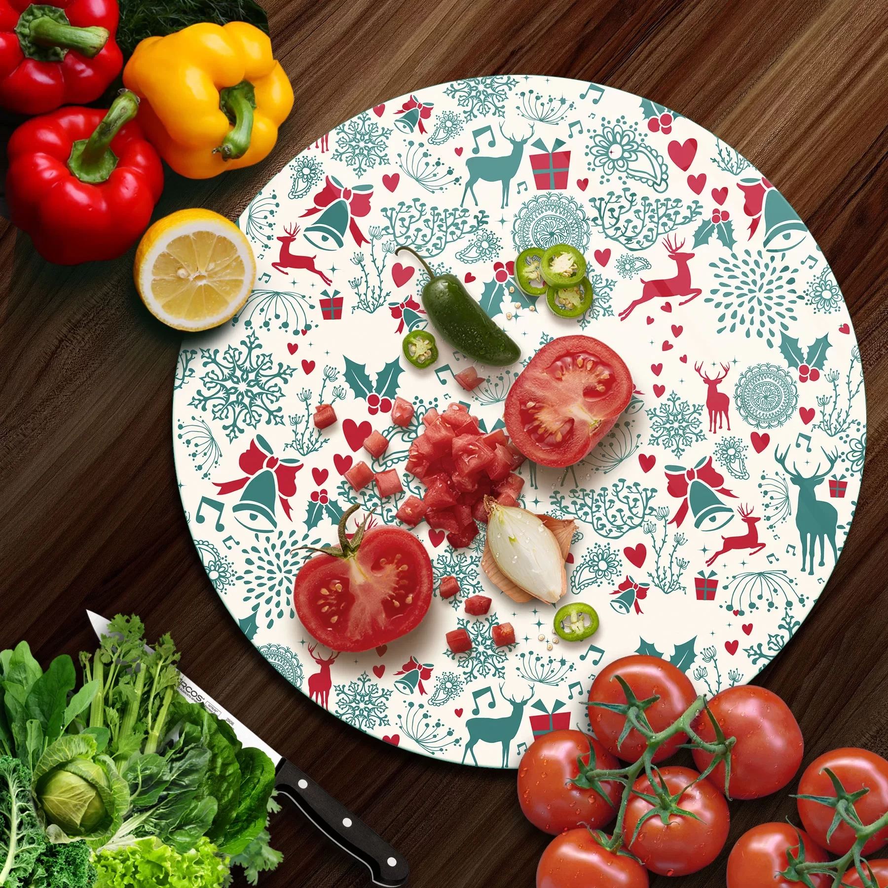 Picture of Decovetro Cam Kesme Tahtası ve Sunumluk Yuvarlak Yılbaşı Desenli 30x30 Cm