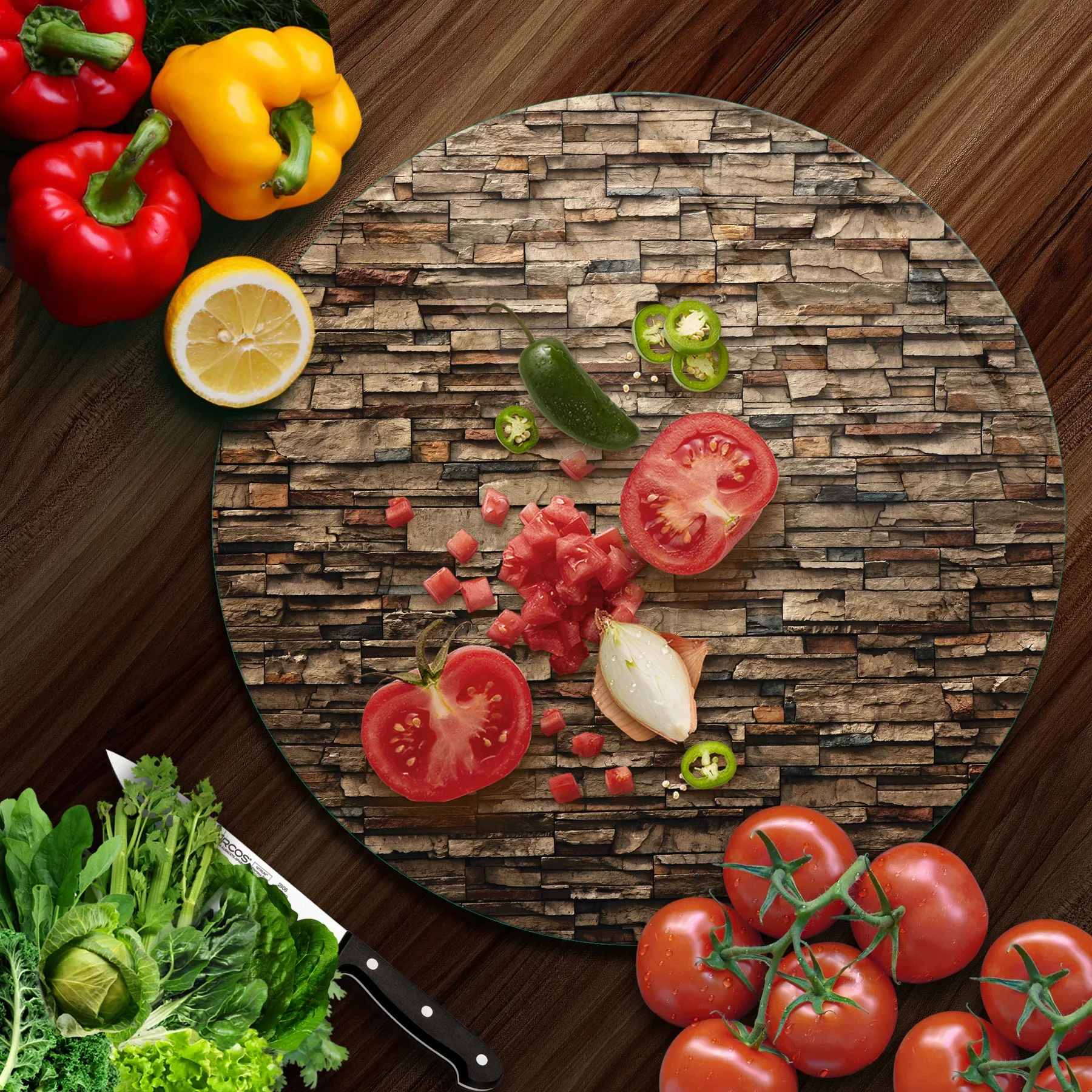 Picture of Decovetro Cam Kesme Tahtası ve Sunumluk Yuvarlak Dekoratif Taş desenli 30x30 Cm