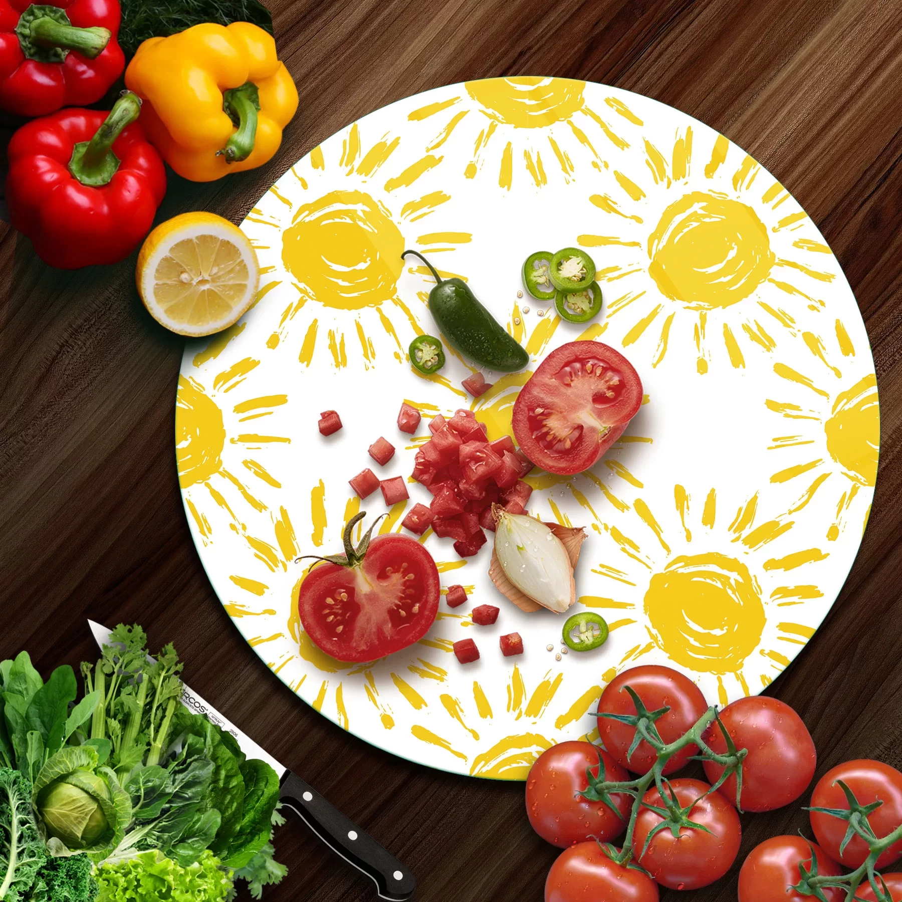 Picture of Decovetro Cam Kesme Tahtası ve Sunumluk Yuvarlak Güneş Desenli 30x30 Cm