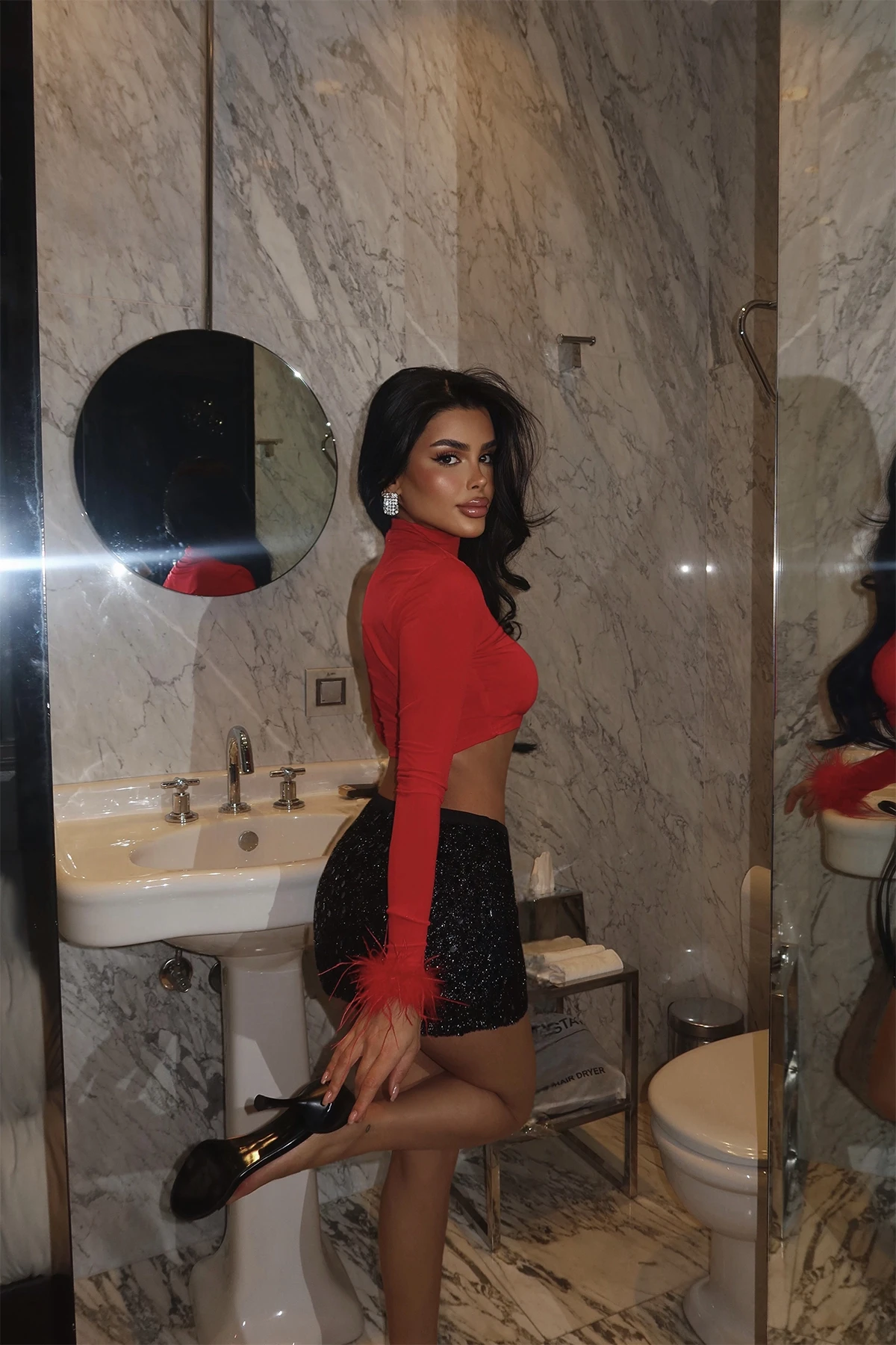 Picture of Red Sleeves Feather Detail Blouse