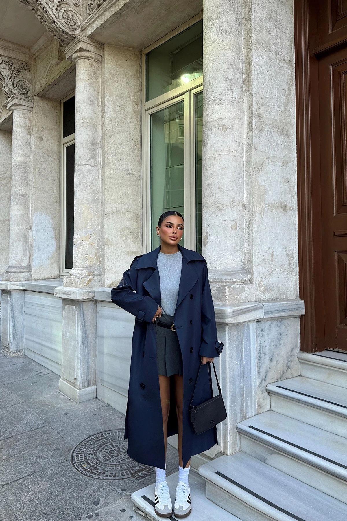 Picture of Navy Blue Sleeves Belted Trench Coat