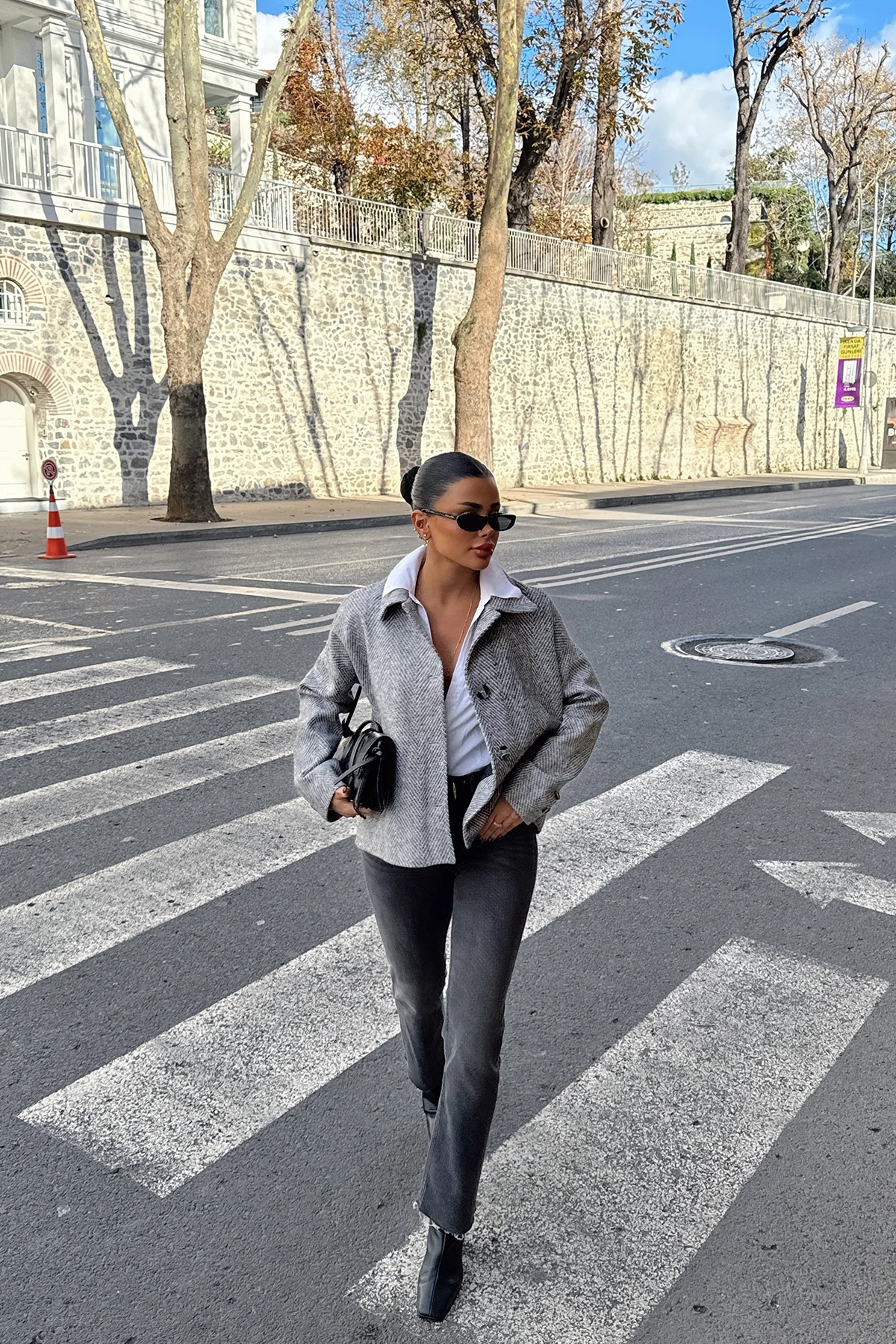 Picture of Gray Pocket Detail Double Breasted Collar Jacket