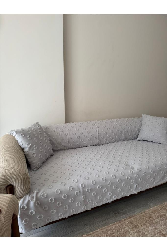 Picture of Konik Kırlent Kılıfı Hediyeli 170x210 cm Pamuklu Koltuk Örtüsü Gri