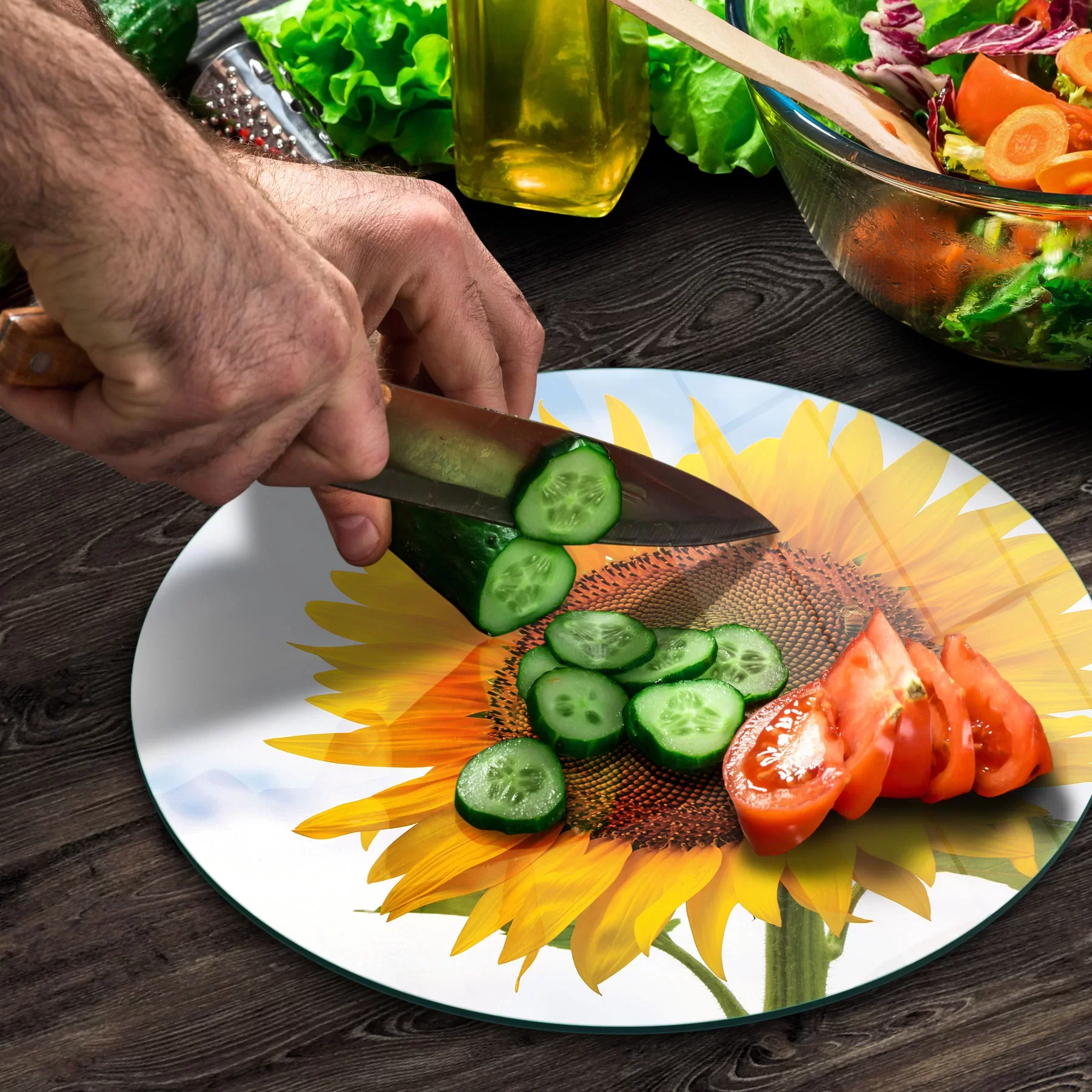 Picture of Decovetro Cam Kesme Tahtası ve Sunumluk Yuvarlak Ayçiçeği Desenli 30x30 Cm