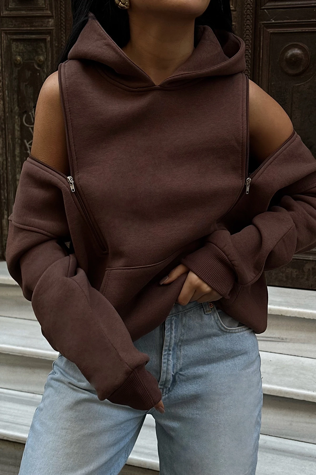 Picture of Brown Hooded Zipper Detail Sweat