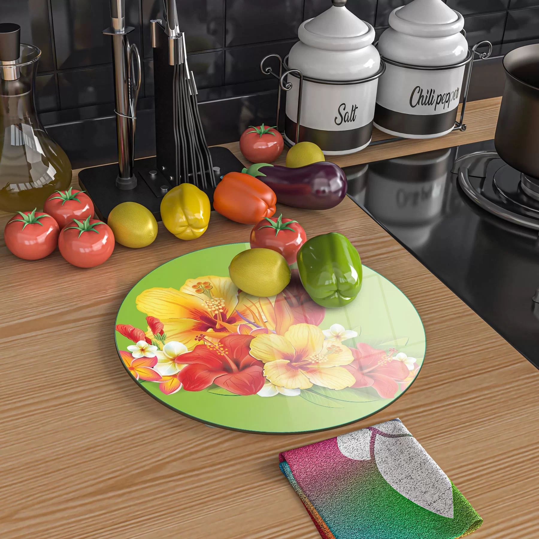 Picture of Decovetro Cam Kesme Tahtası ve Sunumluk Yuvarlak Renkli Çiçek Desenli 30x30 Cm