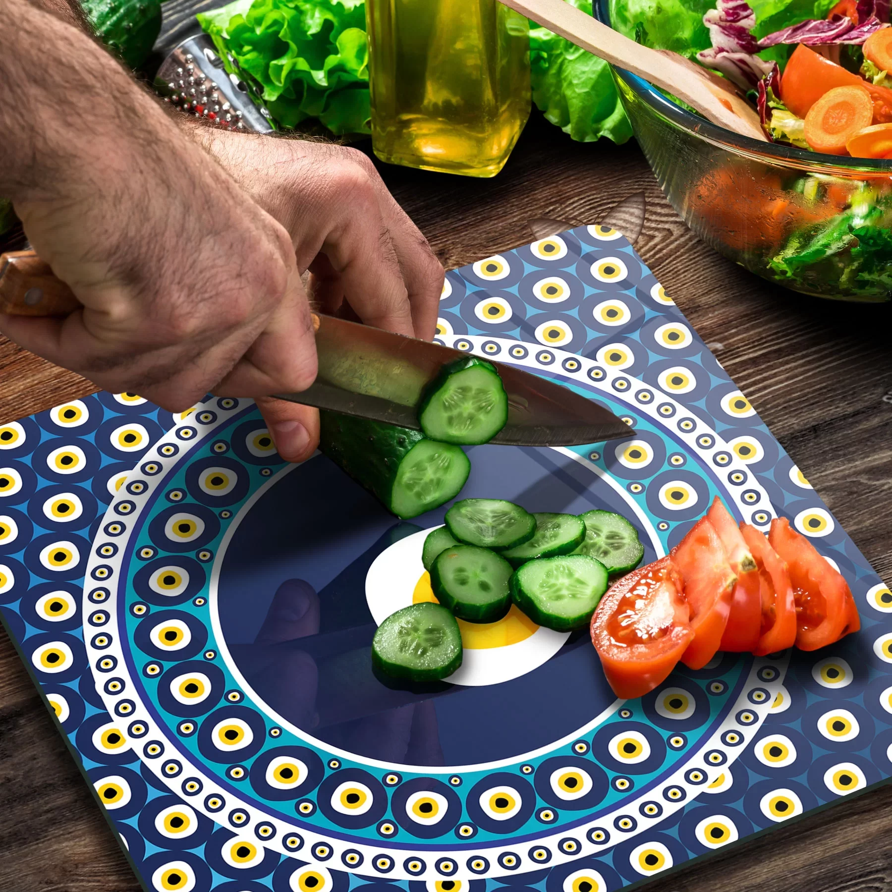 Picture of Decovetro Cam Kesme Tahtası ve Sunumluk Kare Nazar Boncuğu Desenli 30x30 Cm