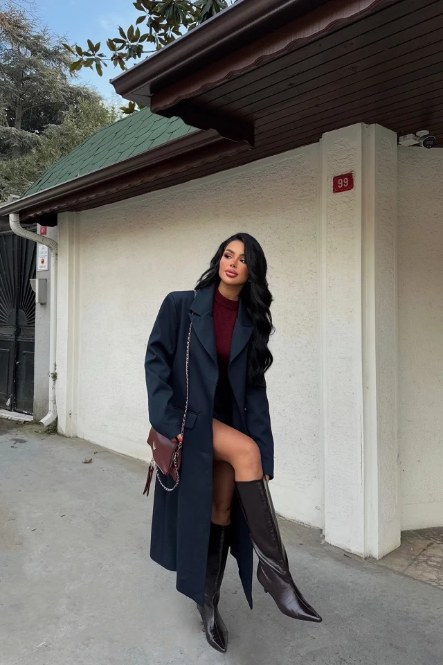 Picture of Navy Blue Button Front Pocket Detail Coat