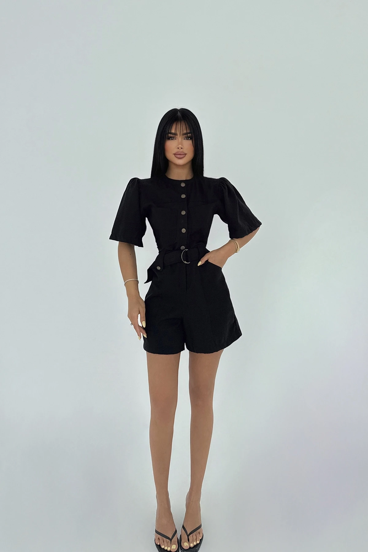 Picture of Black Pocket Detail Buttoned Jumpsuit