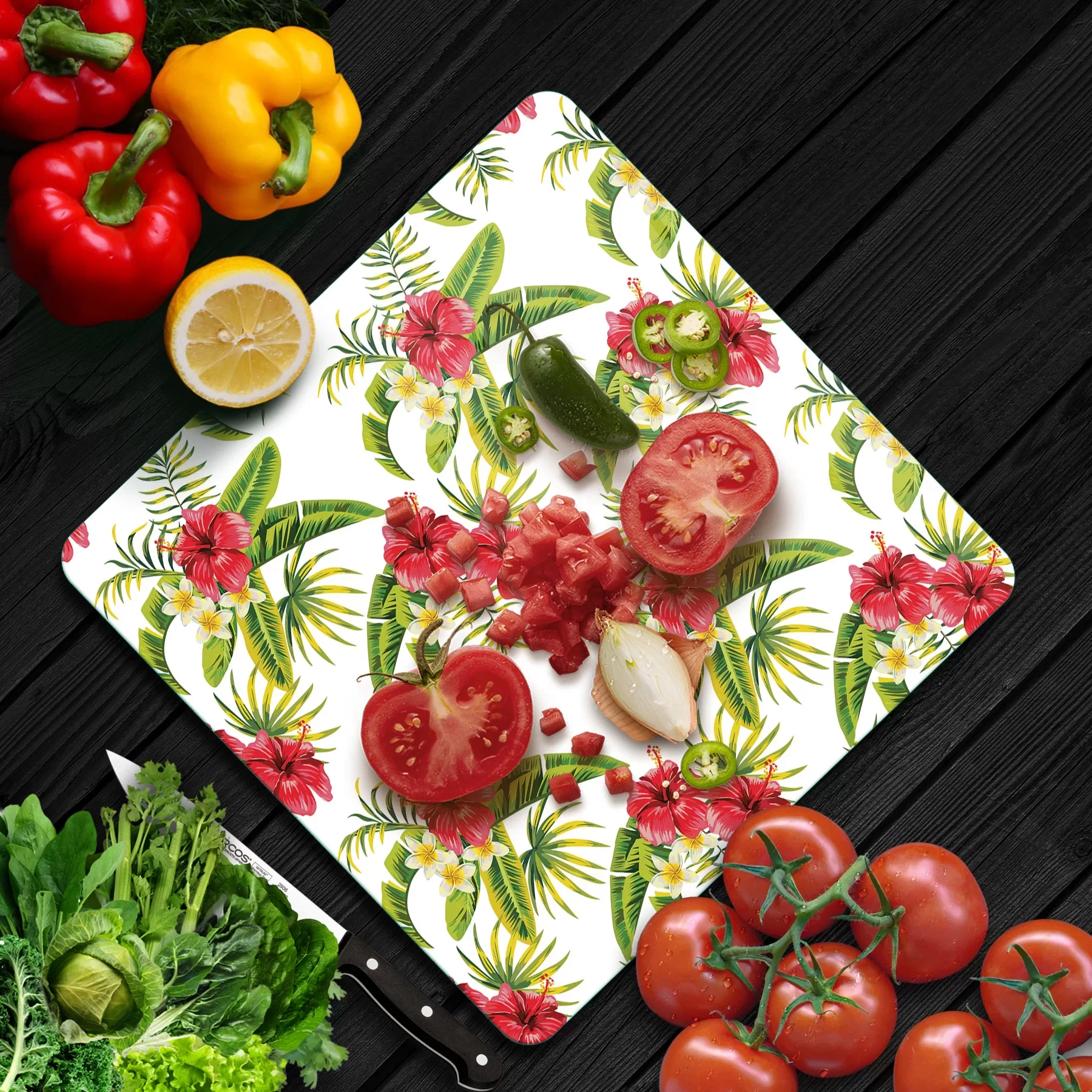 Picture of Decovetro Cam Kesme Tahtası ve Sunumluk Kare Yeşil Çiçek Desenli 30x30 Cm