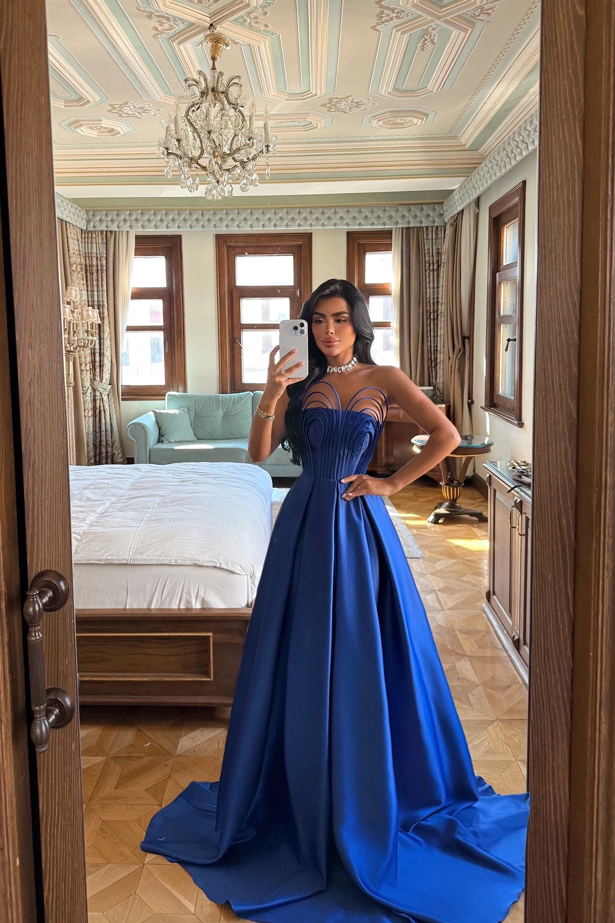 Picture of Strapless Long Evening Dress in Saxe