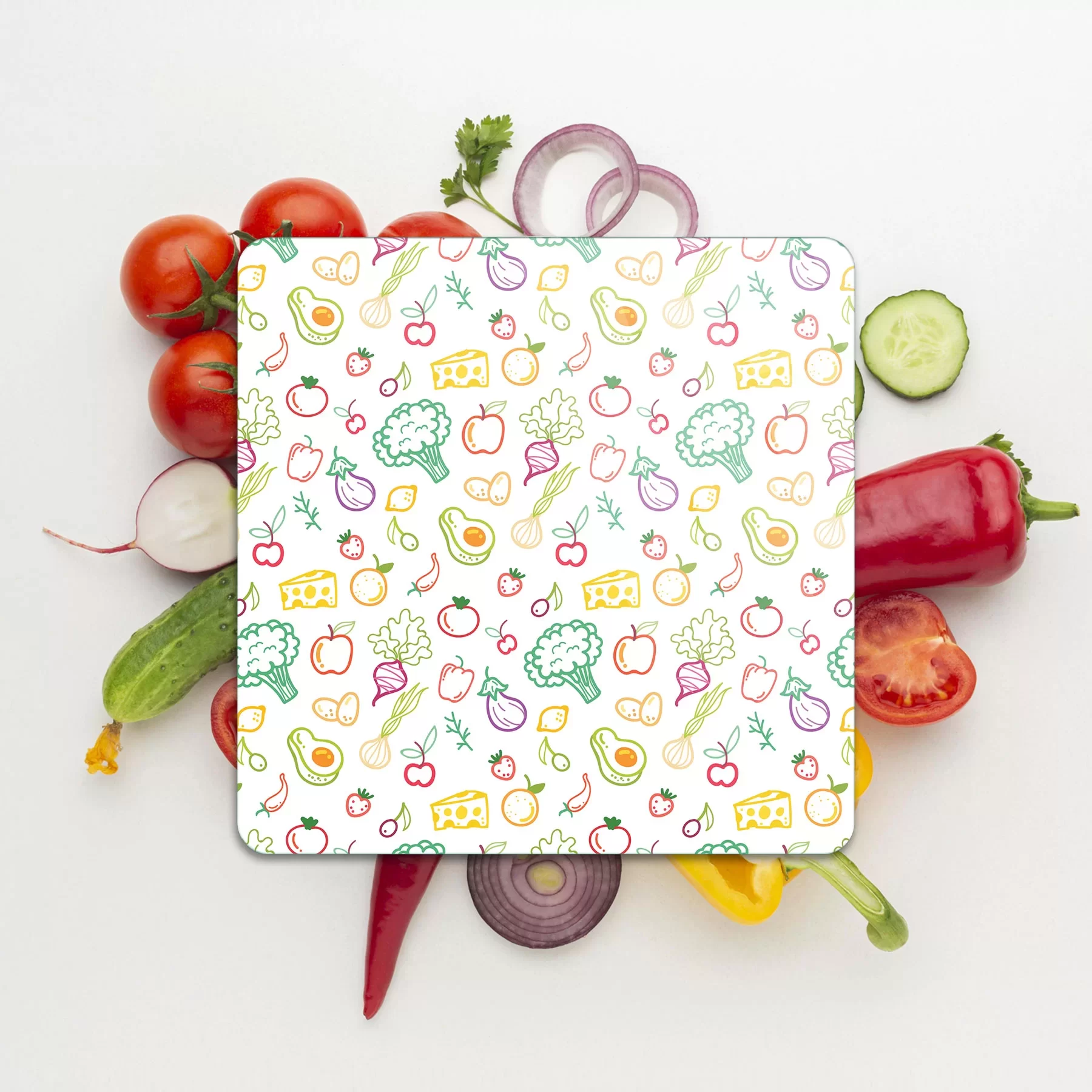 Picture of Decovetro Cam Kesme Tahtası ve Sunumluk Kare Karışık Meyve Sebze Desenli 30x30 Cm