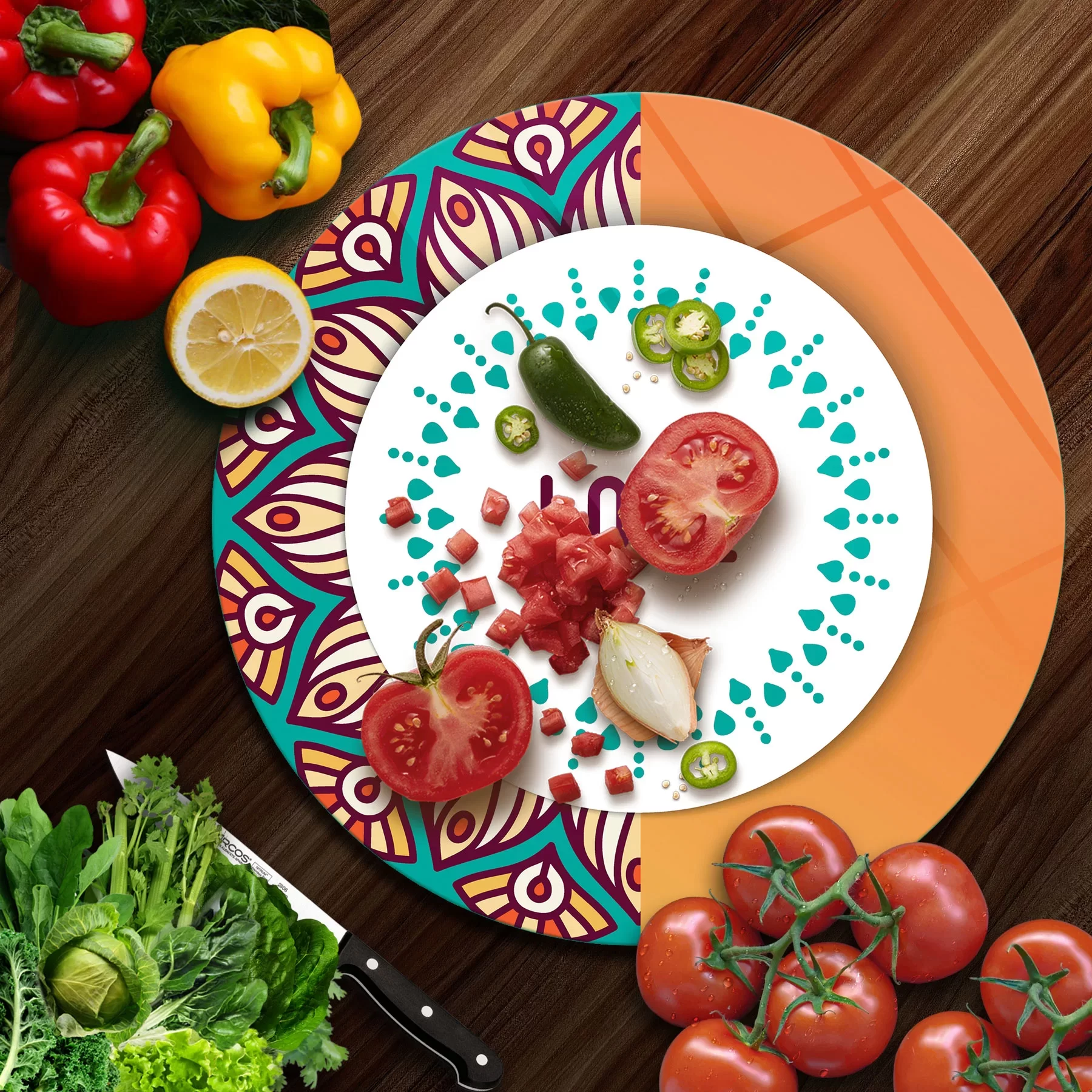 Picture of Decovetro Cam Kesme Tahtası ve Sunumluk Yuvarlak Turuncu Love Desenli 30x30 Cm