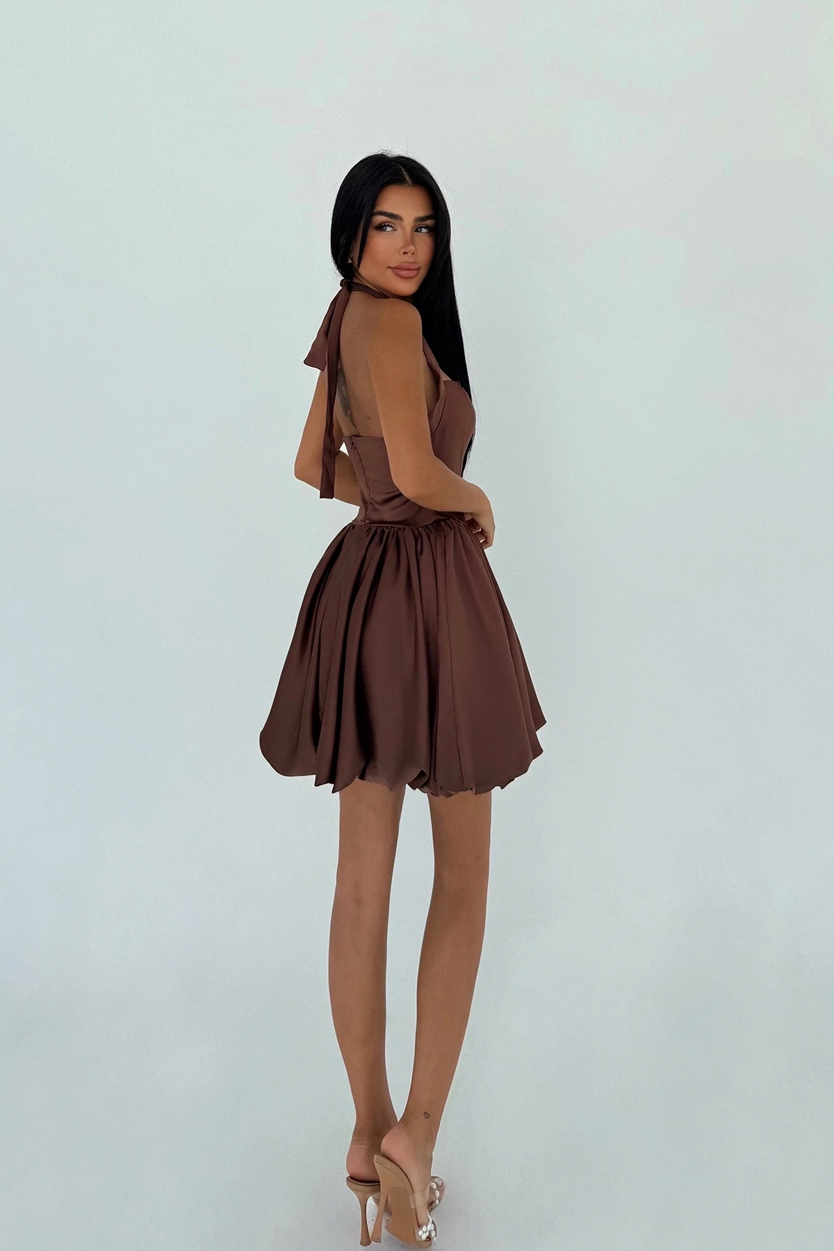 Picture of Brown Estella Mini Balloon Hem Dress