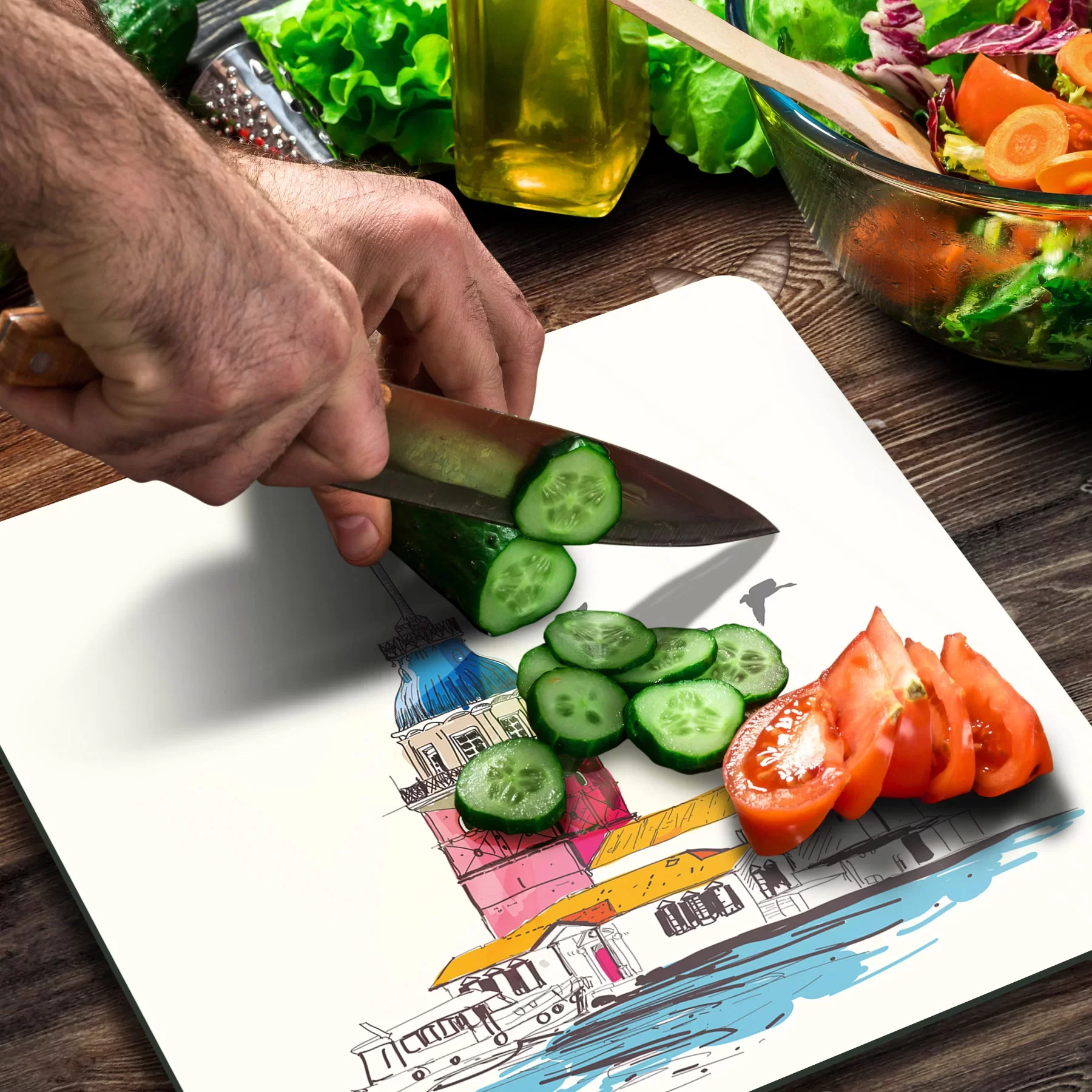 Picture of Decovetro Cam Kesme Tahtası ve Sunumluk Kare Kız Kulesi Desenli 30x30 Cm