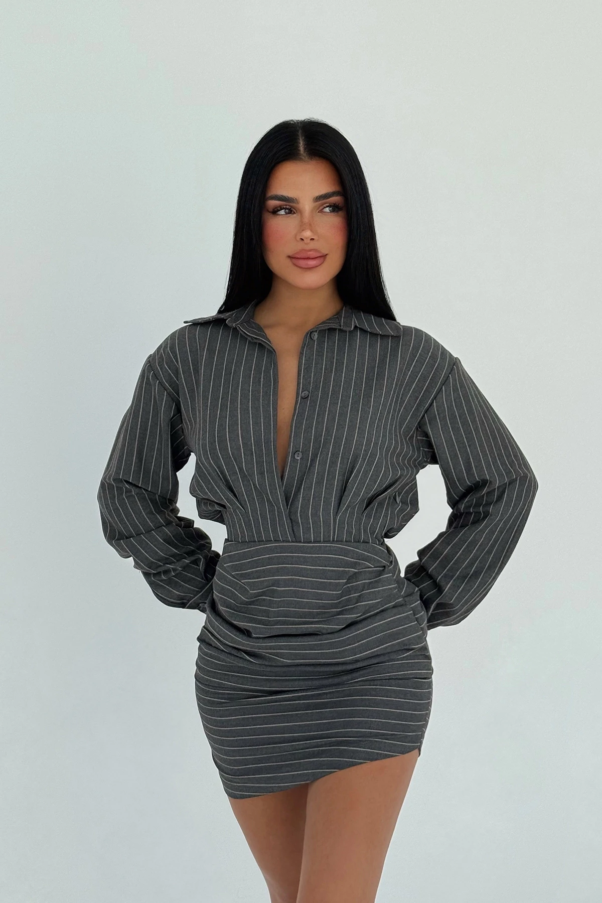 Picture of Gray Striped Shirt Collar Mini Dress