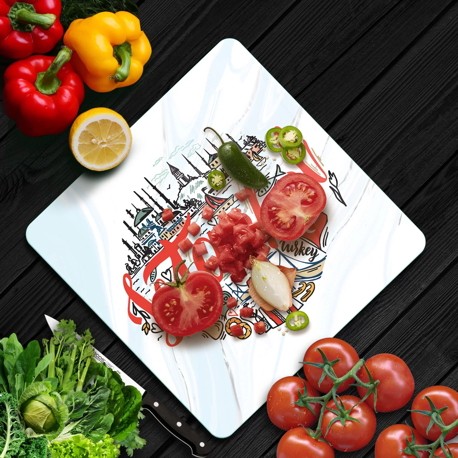 Picture of Decovetro Cam Kesme Tahtası ve Sunumluk Kare İstanbul Kolaj Desenli 30x30 Cm