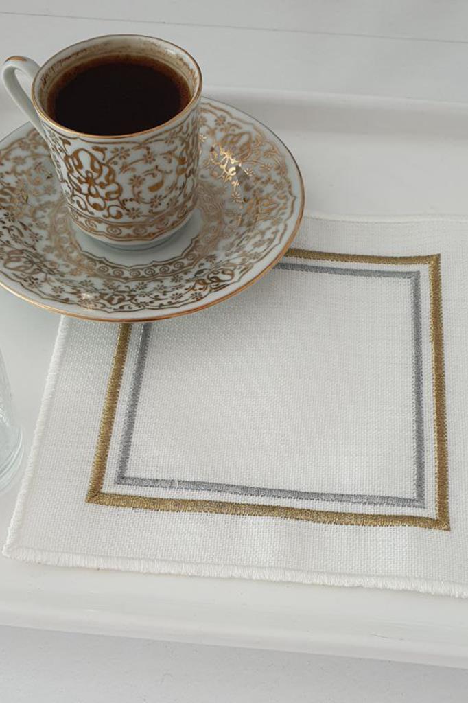 Picture of Çerçeve Nakışlı Keten Kare Bardak Altlığı Seti 6 Lı