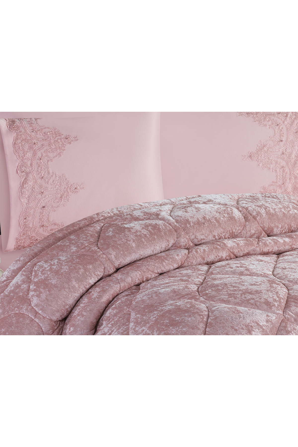 Picture of Ayzer Dantelli Kadife Yorgan Seti 6 Parça Pudra