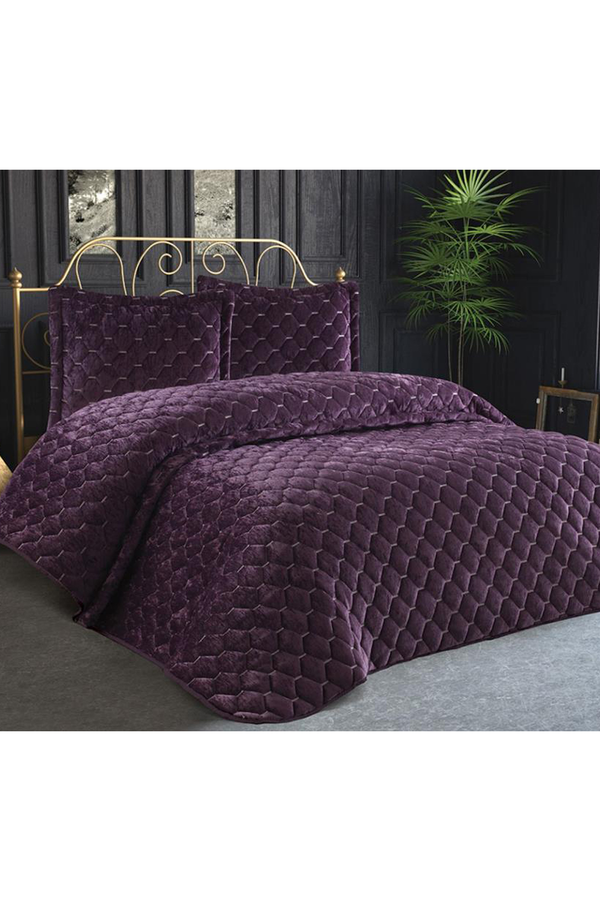 Picture of Lima Kadife Dolgulu Çift Kişilik Yatak Örtüsü Mürdüm