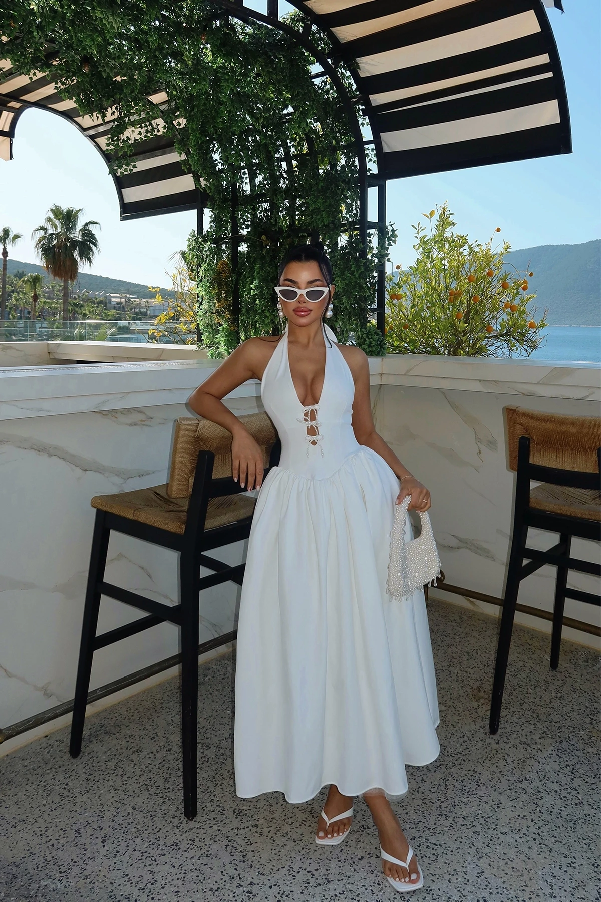 Picture of White Ballerina Pearl Bow Detail Dress