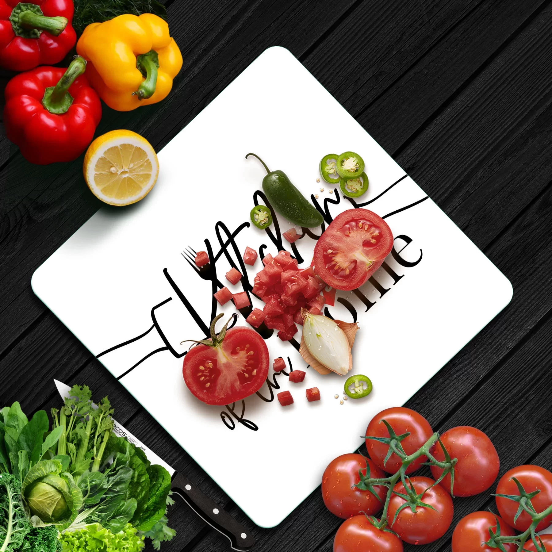 Picture of Decovetro Cam Kesme Tahtası ve Sunumluk Kare Kitchen Love Desenli 30x30 Cm