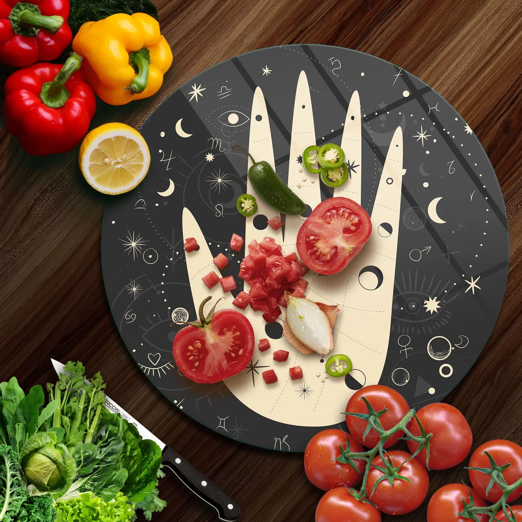 Picture of Decovetro Cam Kesme Tahtası ve Sunumluk Yuvarlak Horoscope Desenli 30x30 Cm