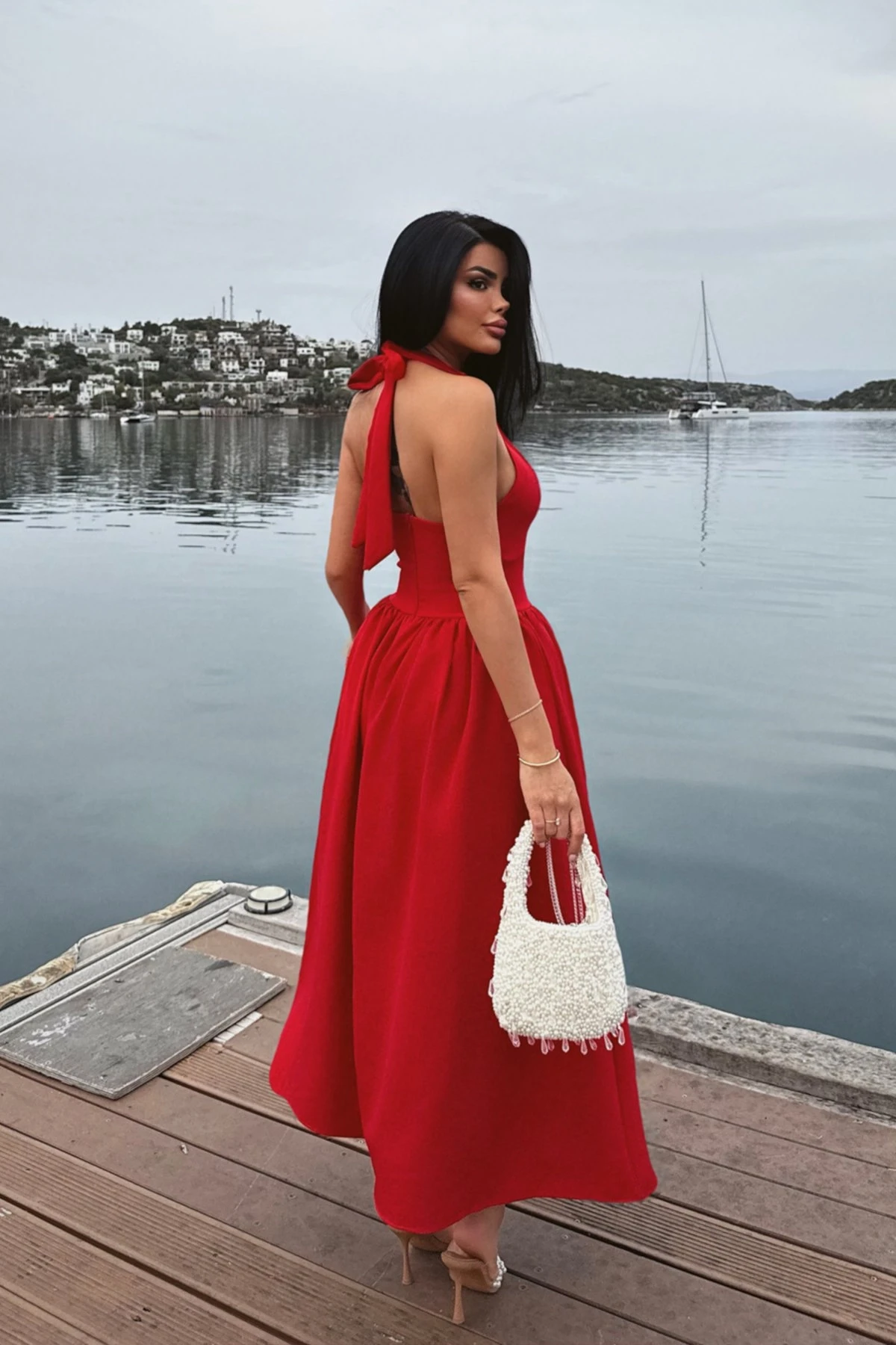 Picture of Red Ballerina Pearl Bow Detail Dress