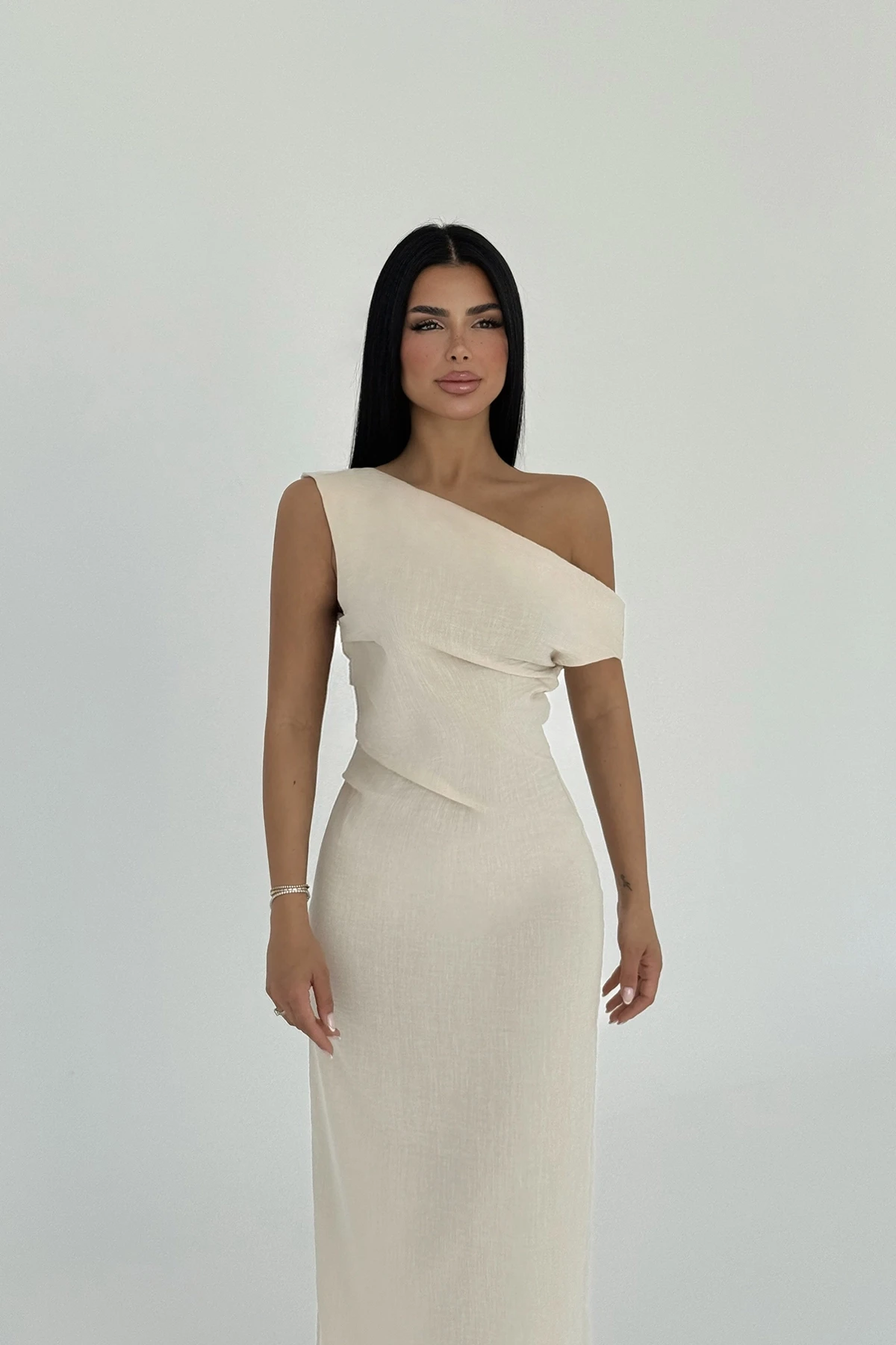 Picture of Cream Slit Detail Pleated Dress