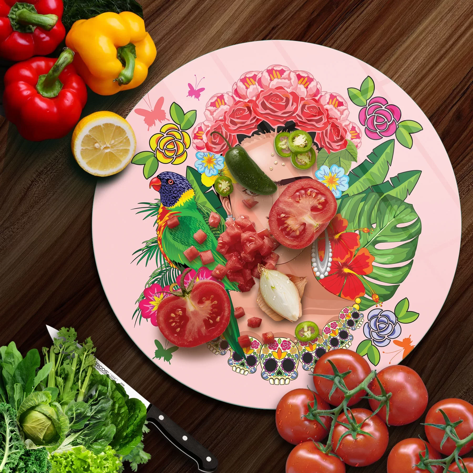 Picture of Decovetro Cam Kesme Tahtası ve Sunumluk Yuvarlak Pembe Desenli 30x30 Cm