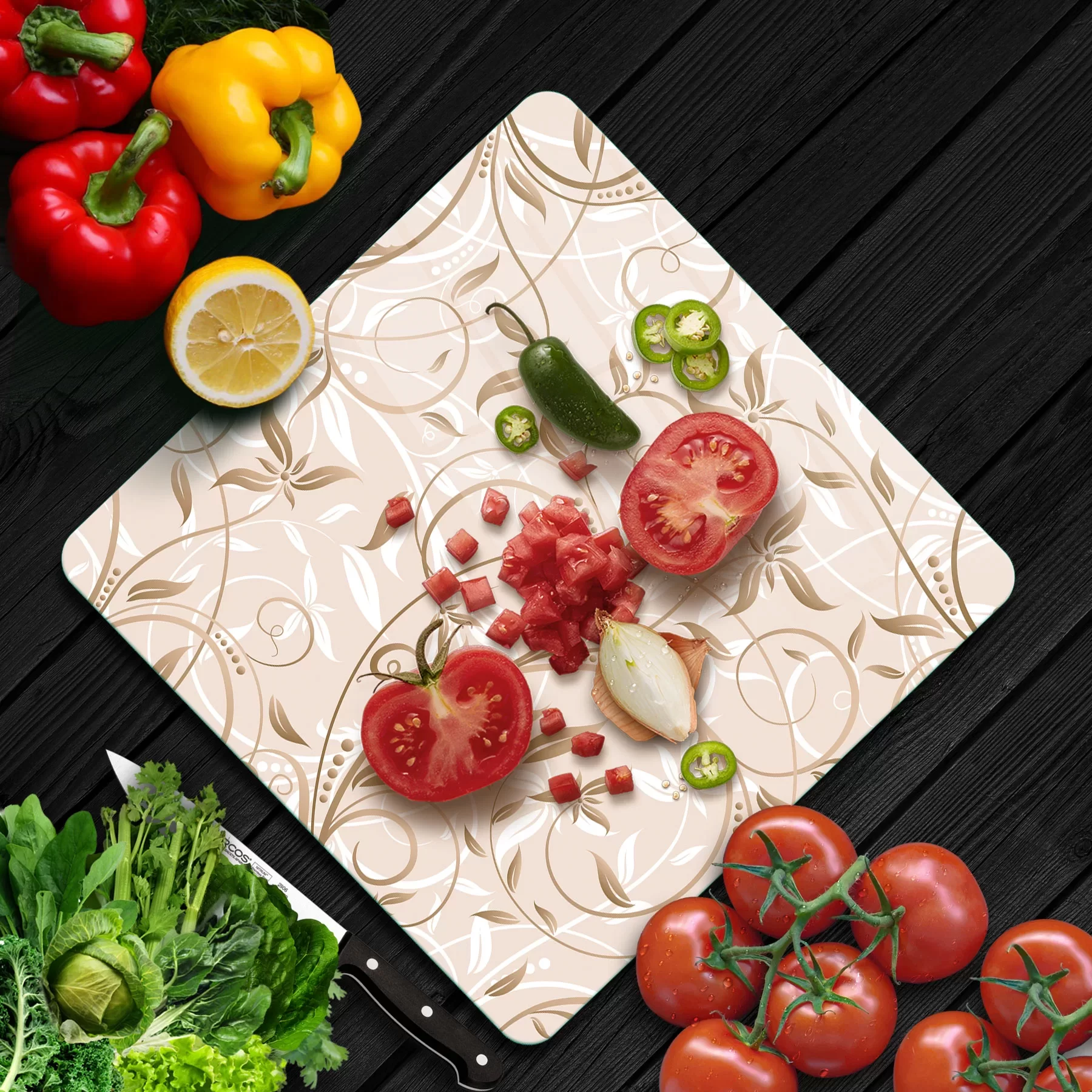 Picture of Decovetro Cam Kesme Tahtası ve Sunumluk Kare Kahverengi Sarmaşık Desenli 30x30 Cm